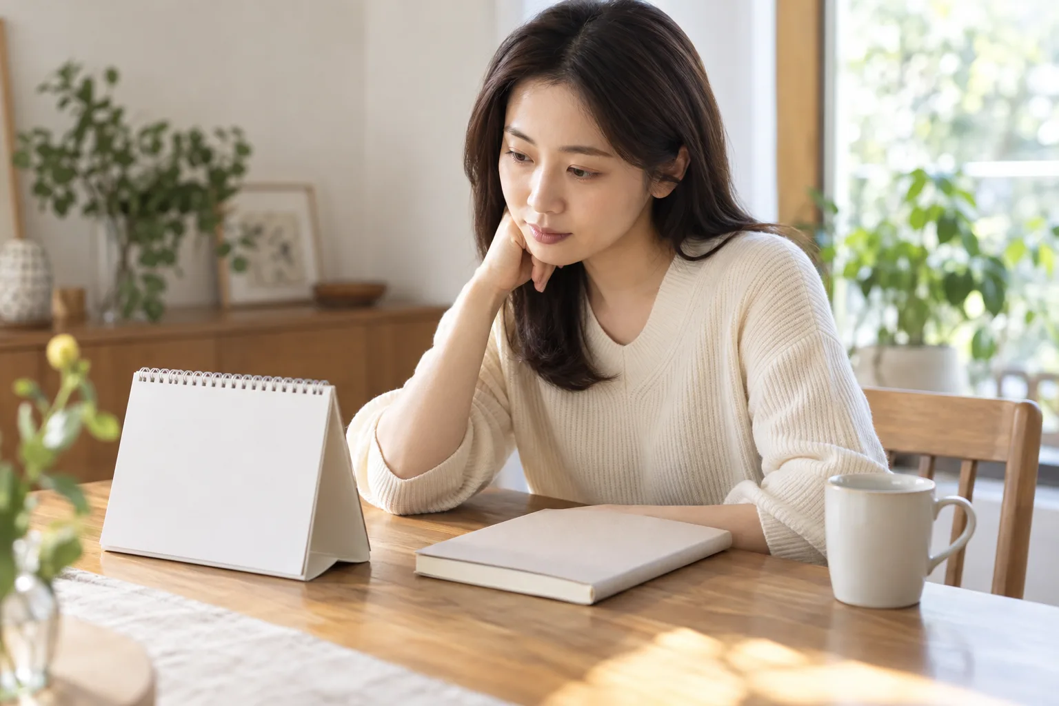 집에서 빈 달력과 수첩 앞에 앉아 증상 변화를 정리하는 성인 여성