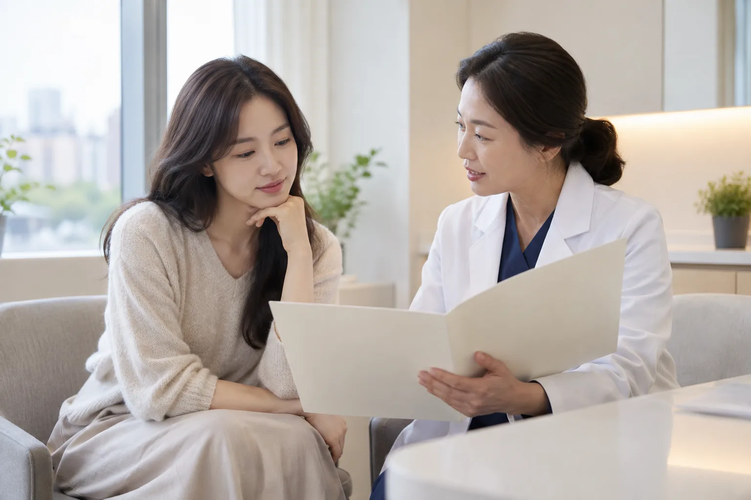 흰 가운 의료진과 검사 자료를 함께 살펴보며 치료 방향을 의논하는 성인 여성