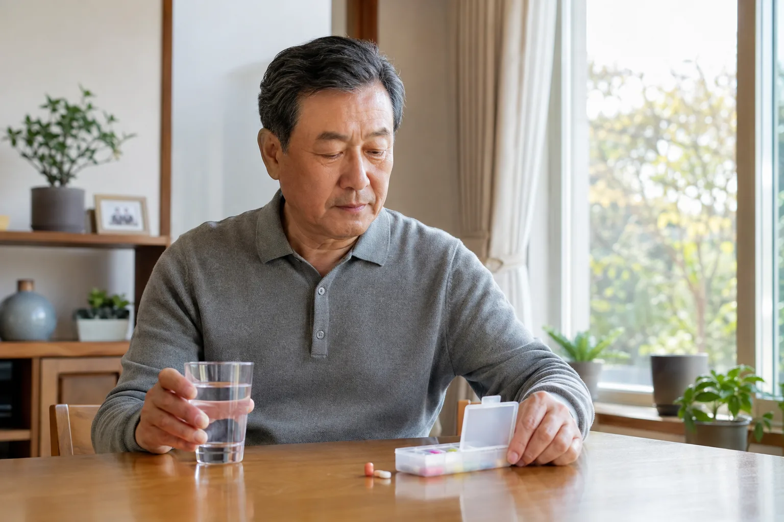 밝은 집에서 물과 복용 약을 살펴보는 50~60대 남성