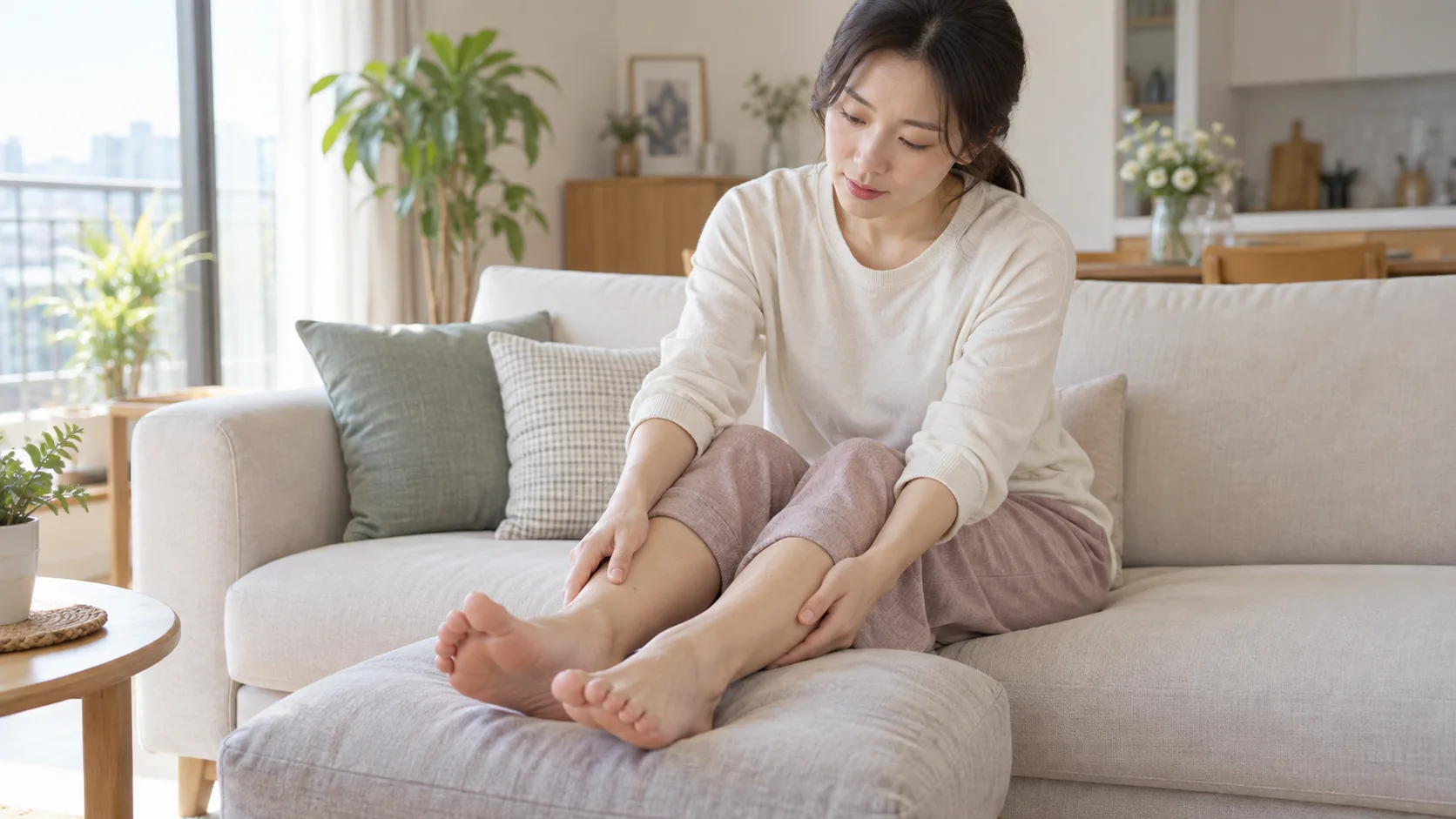 출산 뒤 양쪽 발목의 붓기 차이를 살펴보는 여성