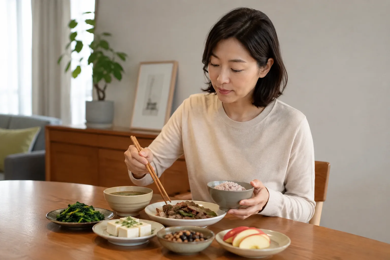 채소와 두부, 콩, 살코기가 포함된 균형 잡힌 식사를 하는 30대 후반 여성