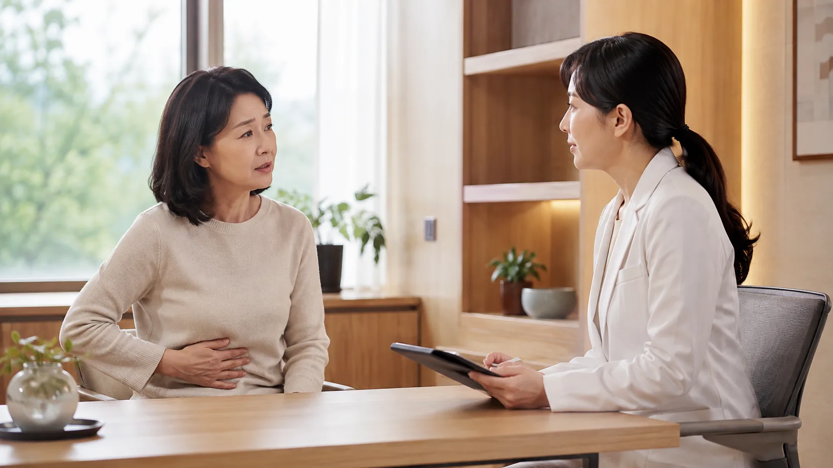 중년 여성이 현대식 진료실에서 의료진에게 명치 불편을 설명하는 모습