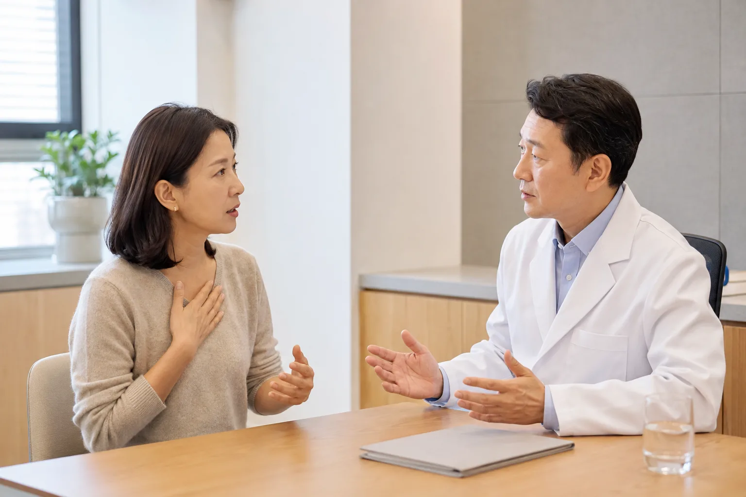 두근거림이 나타난 상황을 현대적인 흰 가운 의료진에게 설명하는 30대 후반 여성