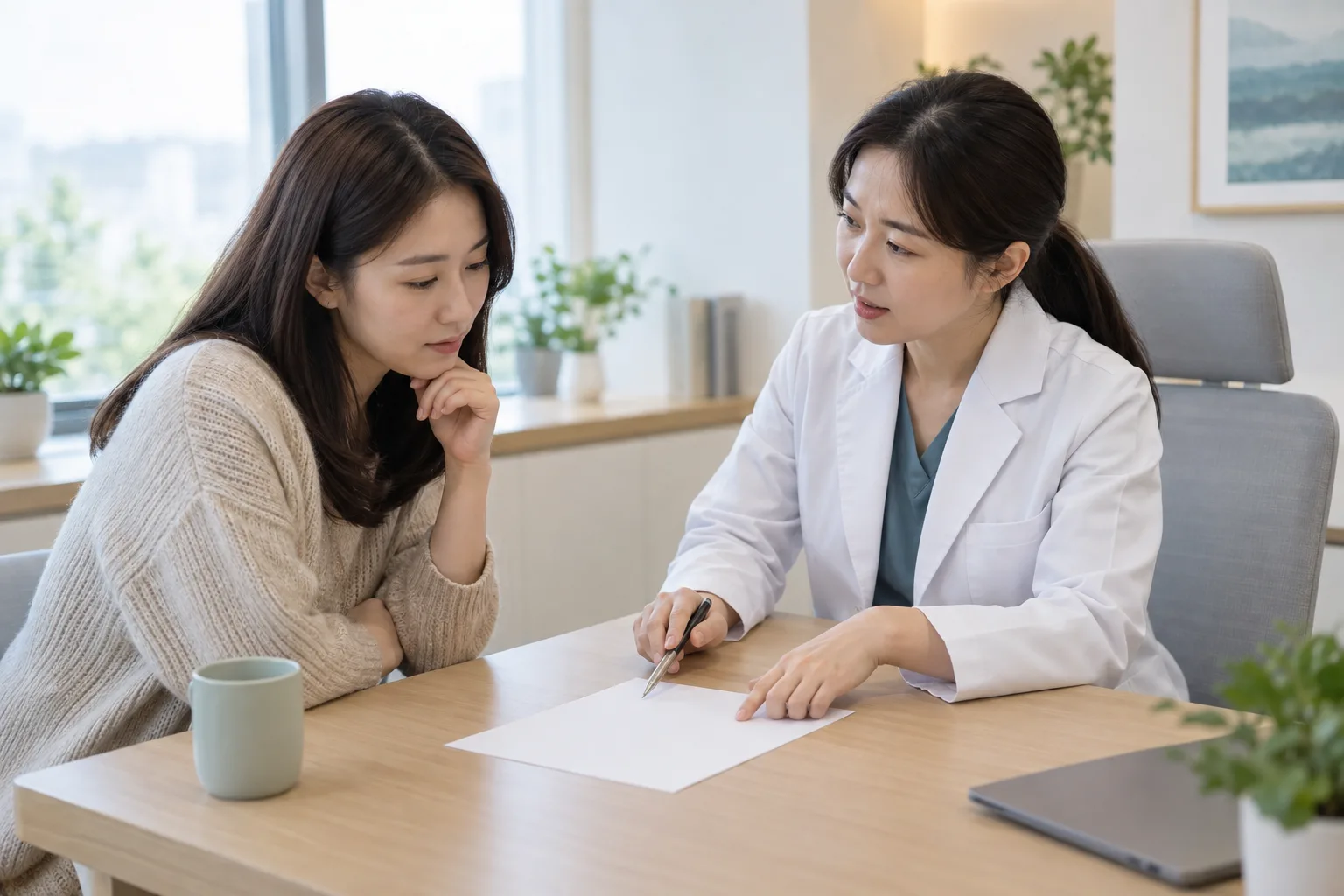 빈 종이를 보며 목 불편의 시간표를 함께 정리하는 환자와 의료진