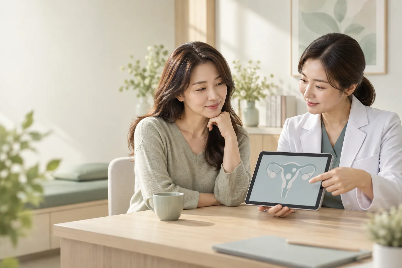 자궁근종 초음파 화면을 여성 의료진과 함께 살펴보는 성인 여성
