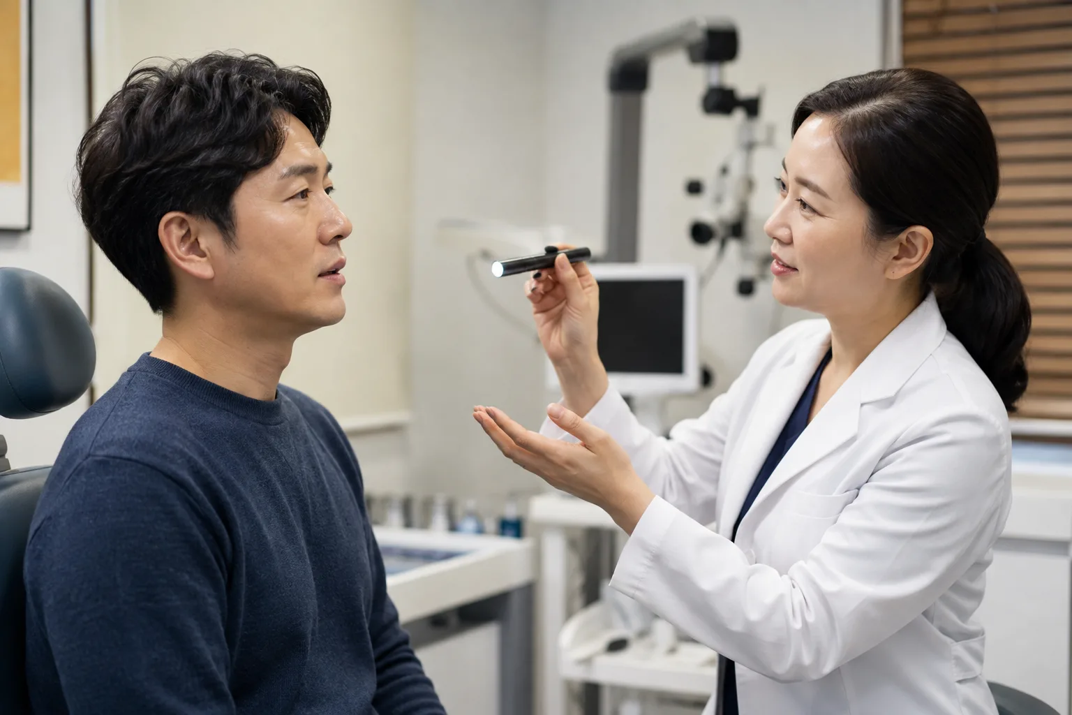 성인 남성이 현대식 이비인후과 진료실에서 흰 가운 의료진에게 목소리 변화를 설명하는 모습
