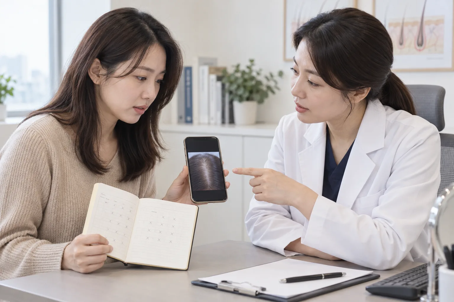 모발 가르마 사진과 기록장을 보며 산후탈모 경과를 상담하는 여성과 의료진