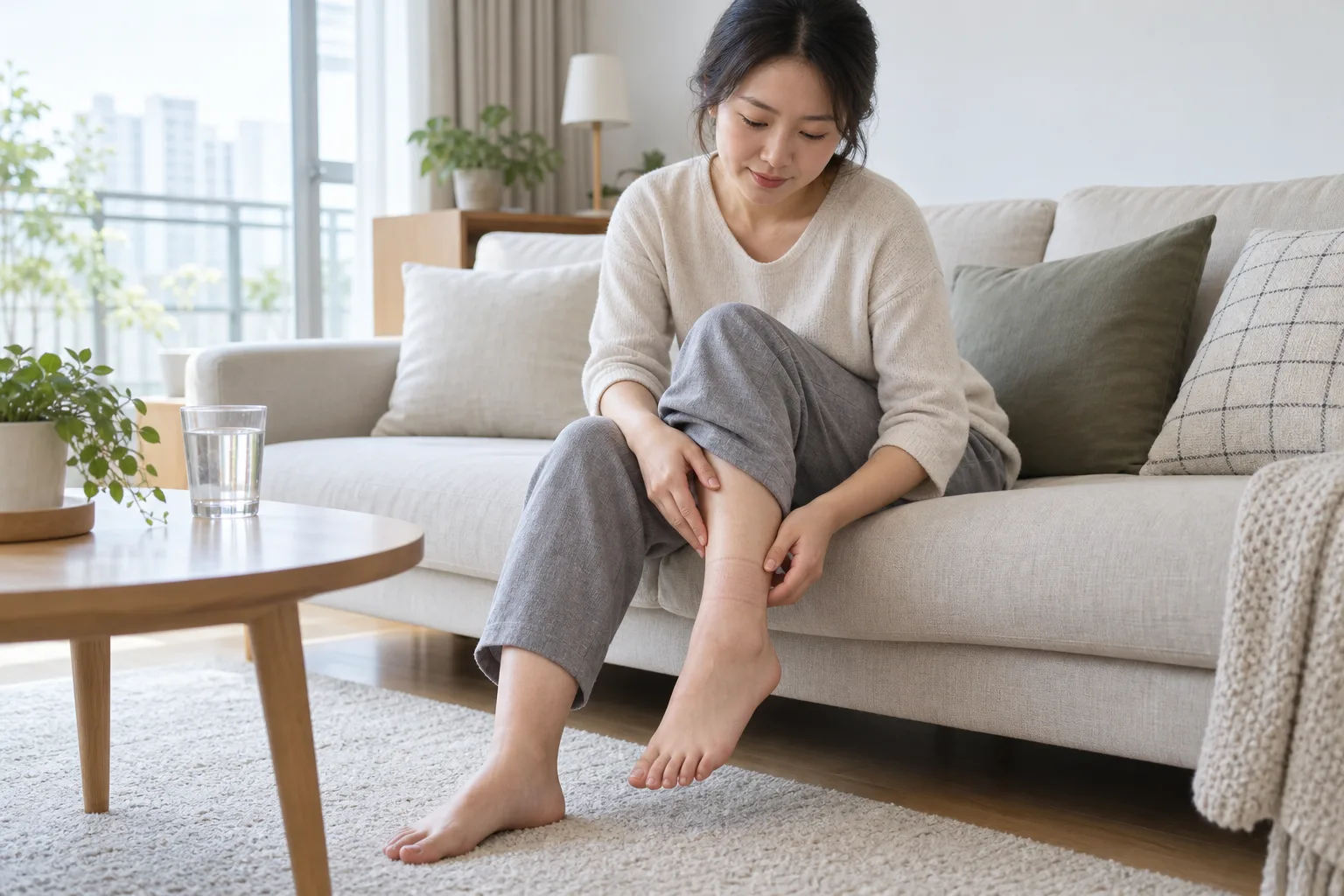 집에서 양쪽 발목과 양말 자국을 비교해 보는 산후 여성