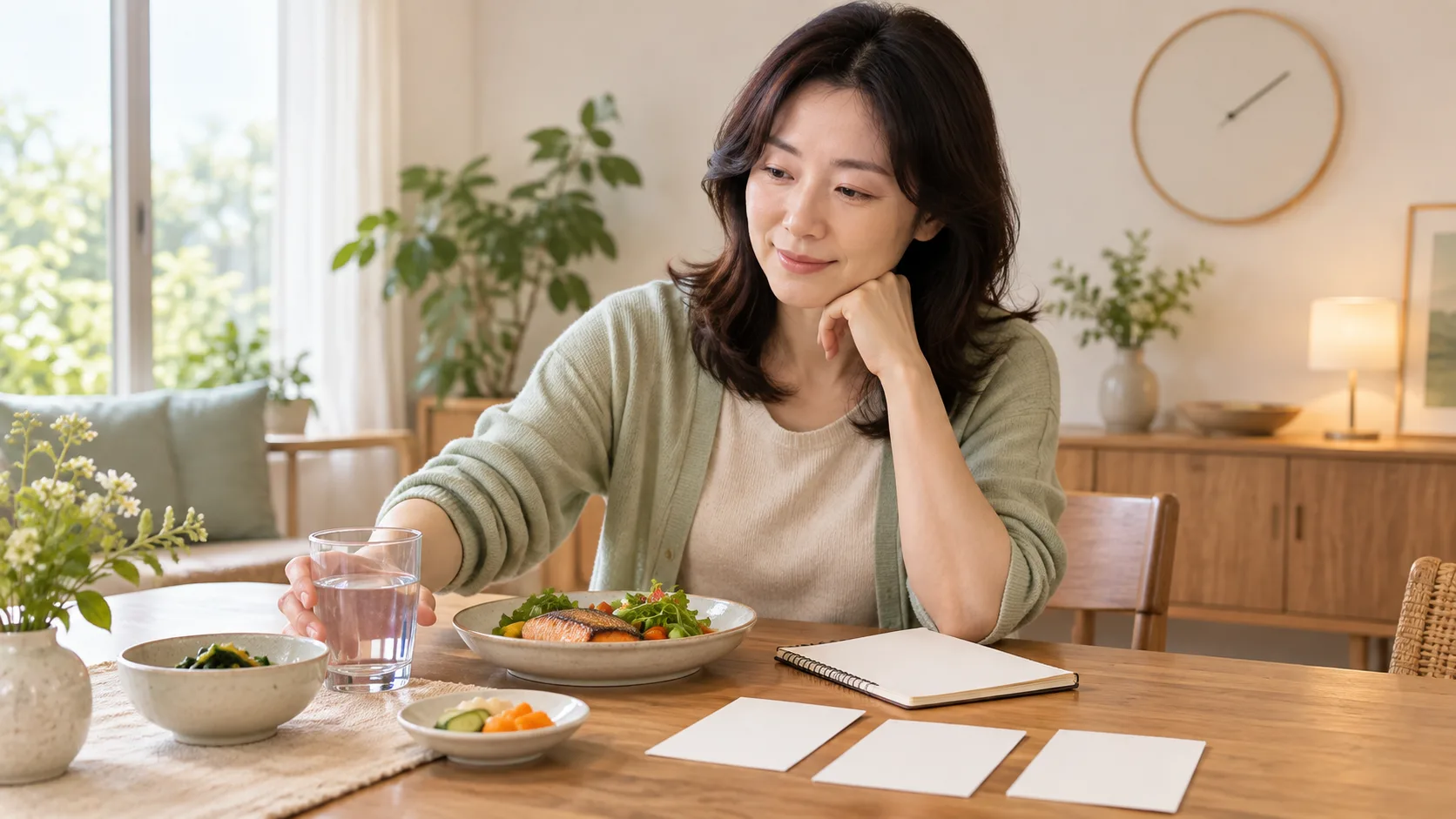 저녁 식사와 물, 빈 기록 카드를 함께 보며 증상 시간을 정리하는 여성