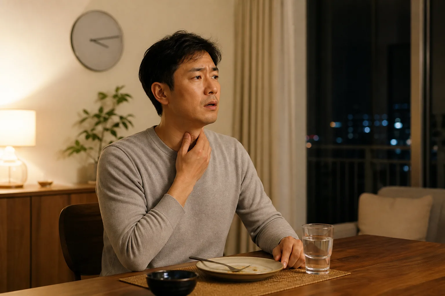 성인 남성이 늦은 저녁 식사 뒤 식탁에서 목 불편감을 느끼며 물을 마시려는 모습