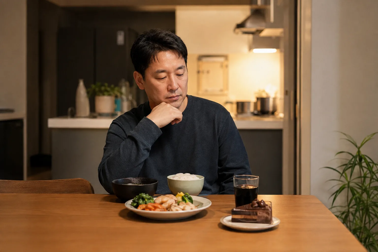 저녁 식탁에 앉아 식사 구성을 살펴보는 중년 남성