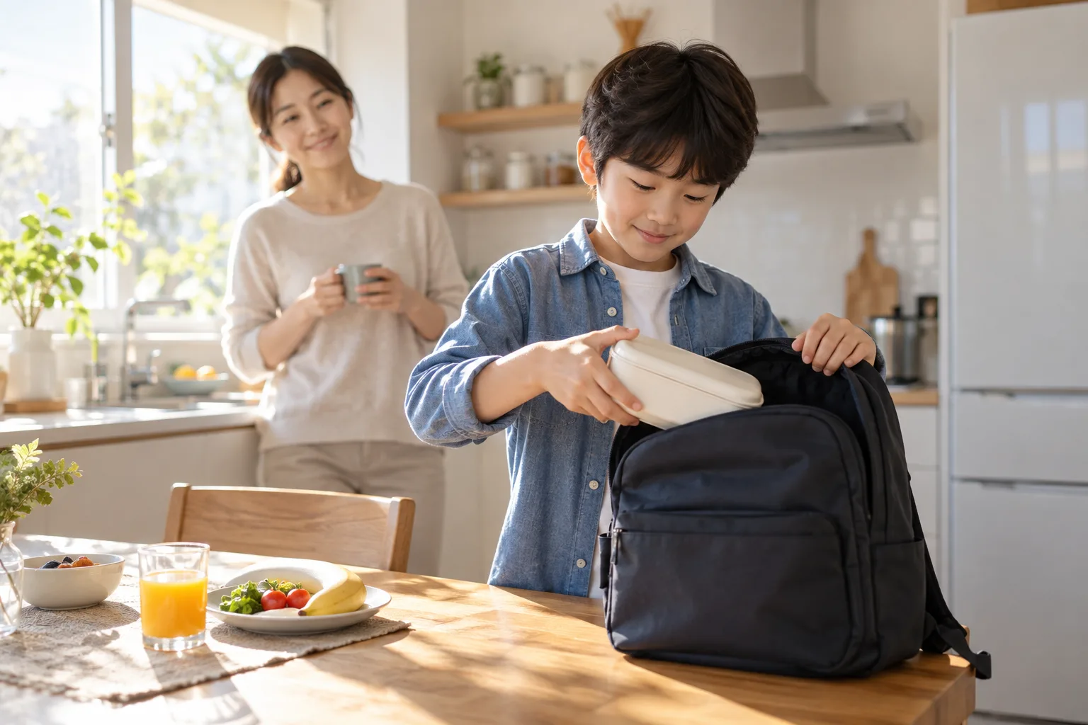 아침 햇빛을 받으며 등교를 준비하는 초등학생 아이