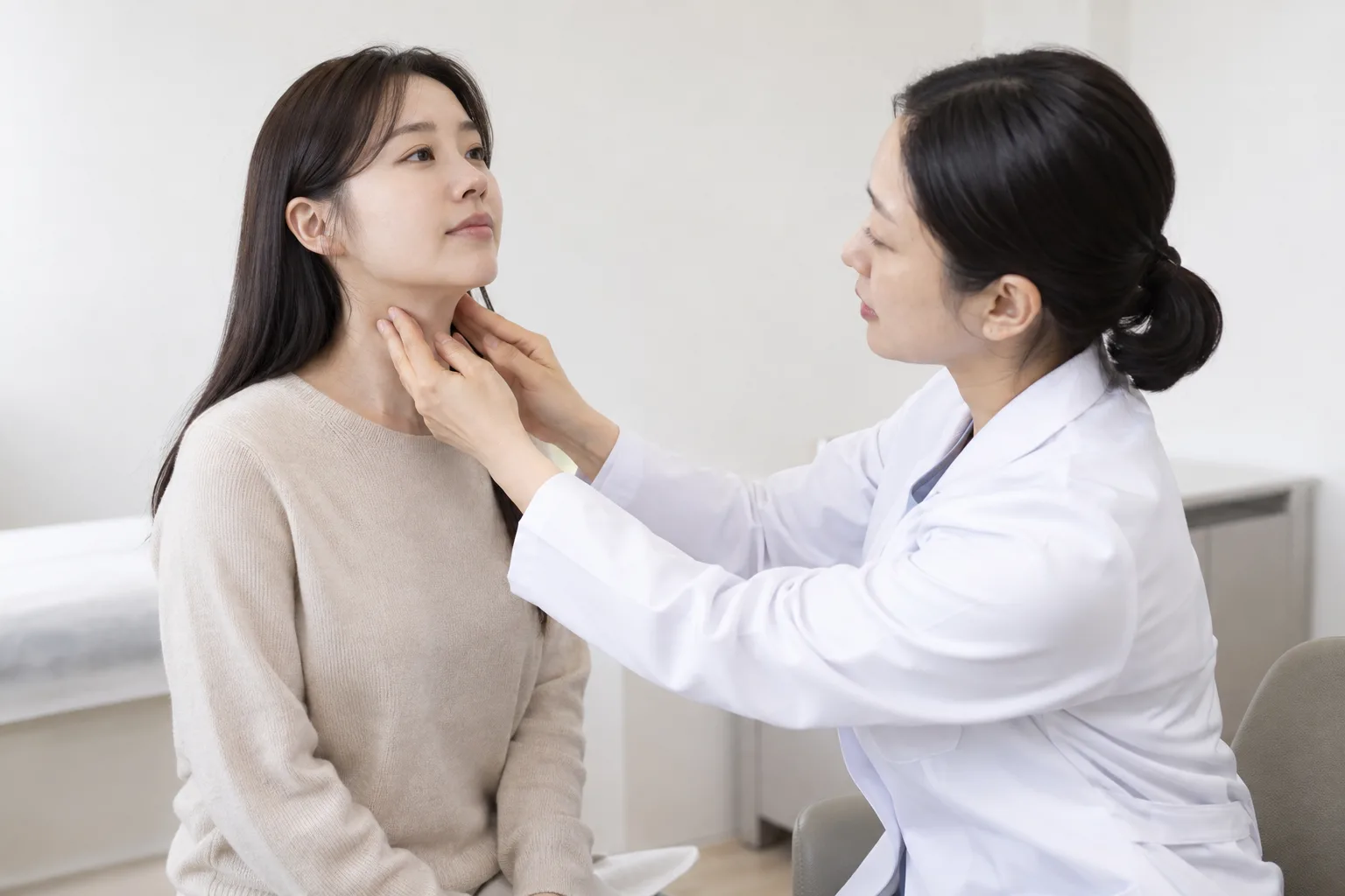 진료실에서 목 앞쪽을 촉진받는 성인 여성