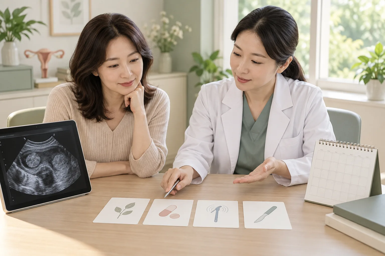 자궁근종의 관찰과 치료 선택지를 여성 의료진과 함께 비교하는 성인 여성