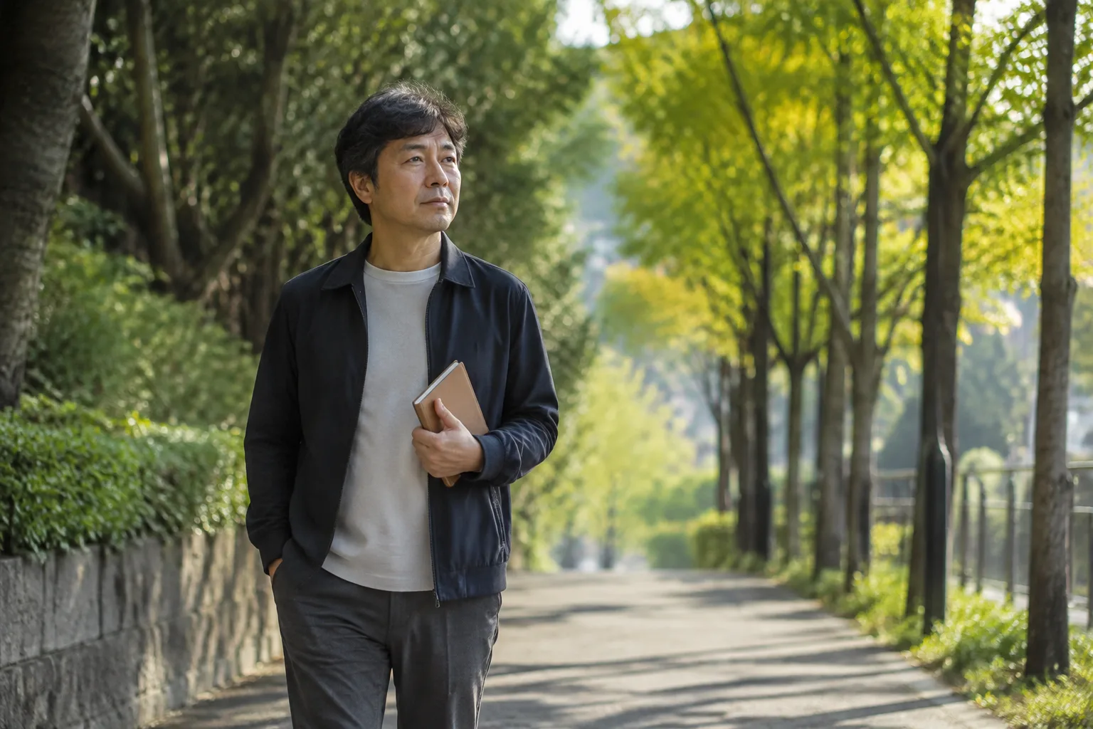 아침 산책길에서 작은 기록장을 들고 몸과 기분의 변화를 살피는 중년 남성