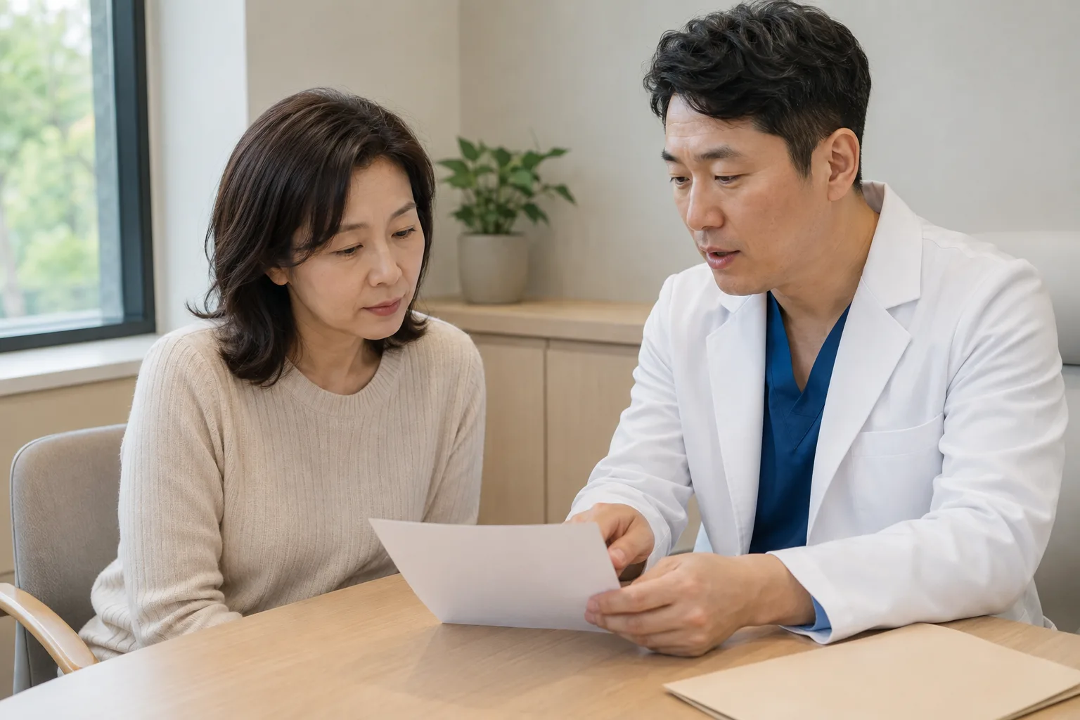 진료실에서 소변검사 자료를 함께 살피는 중년 여성과 여성 의료진