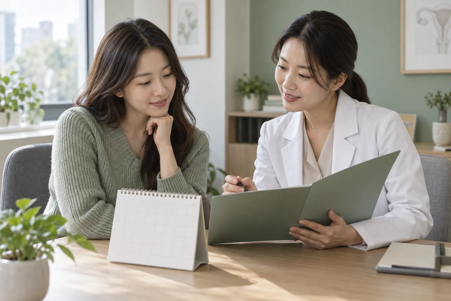 월경 전 증상 기록을 여성 의료진과 함께 살펴보는 성인 여성