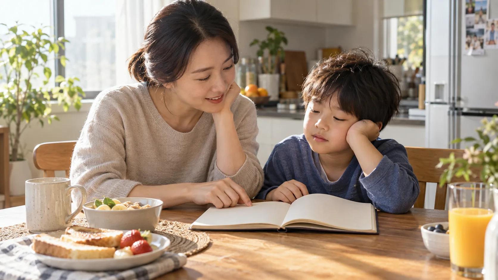 아침 식탁에서 보호자와 빈 수면일지를 함께 살펴보는 아이