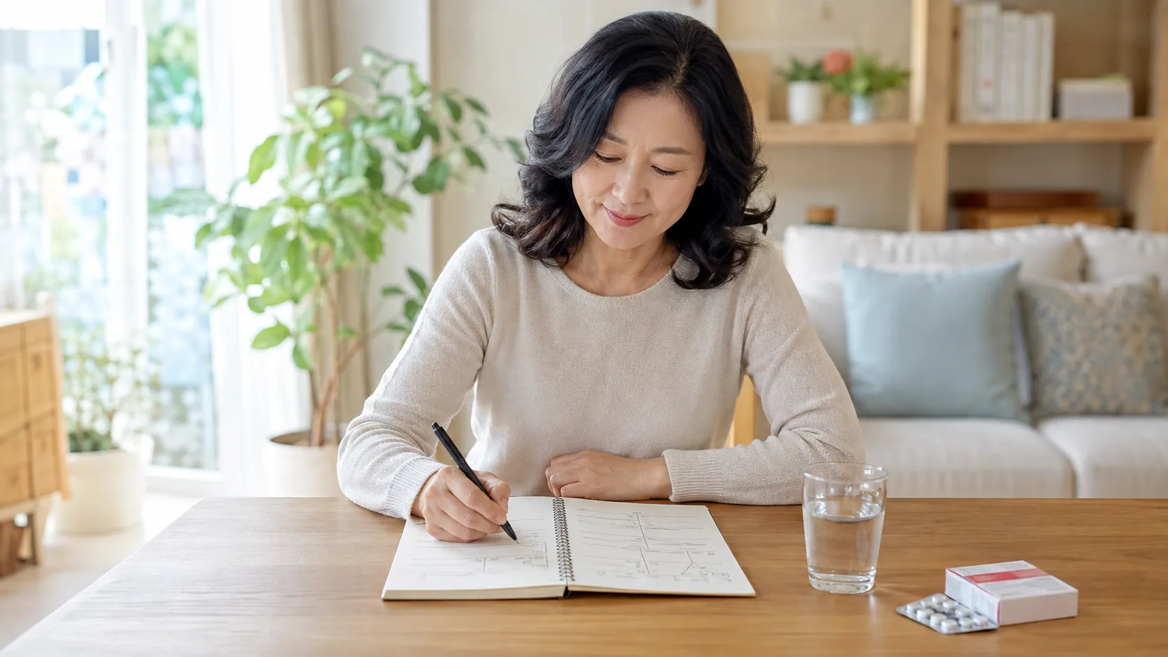 중년 여성이 식탁에서 증상과 식사 시간을 노트에 기록하고 물과 복용약을 함께 확인하는 모습