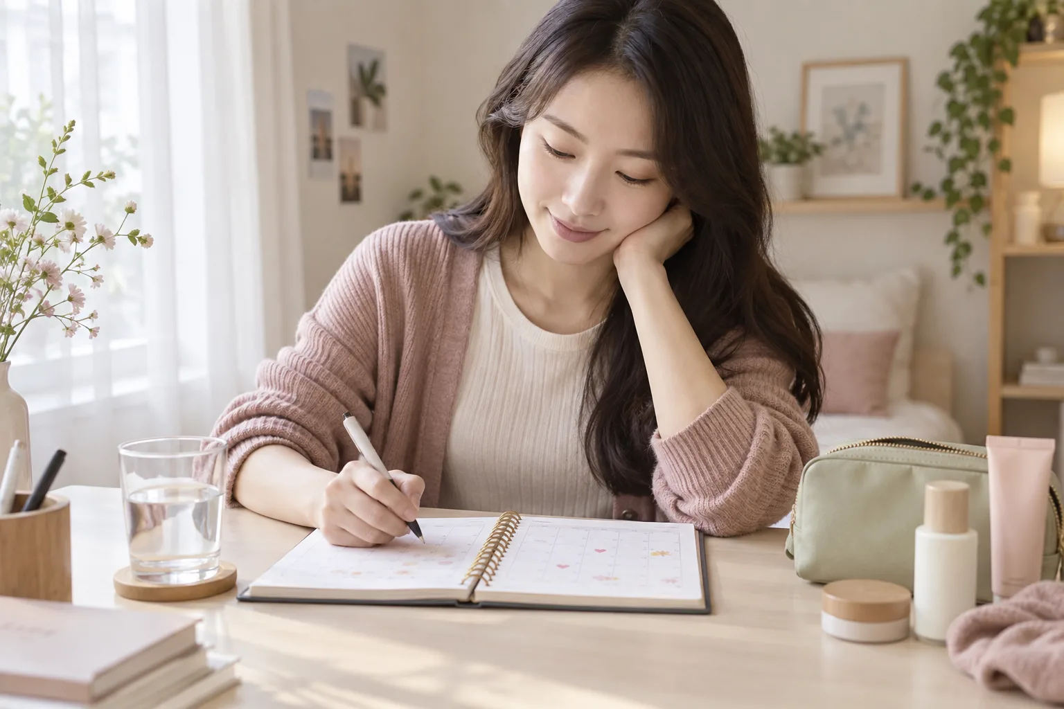 집에서 생리 주기와 증상 변화를 기록하는 성인 한국인 여성