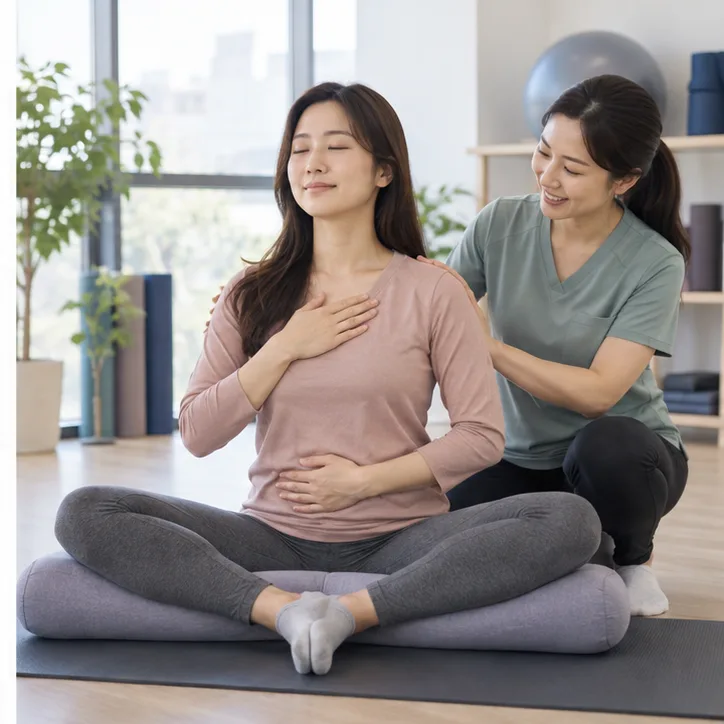 밝은 재활 공간에서 호흡 이완을 연습하는 성인 여성과 치료사