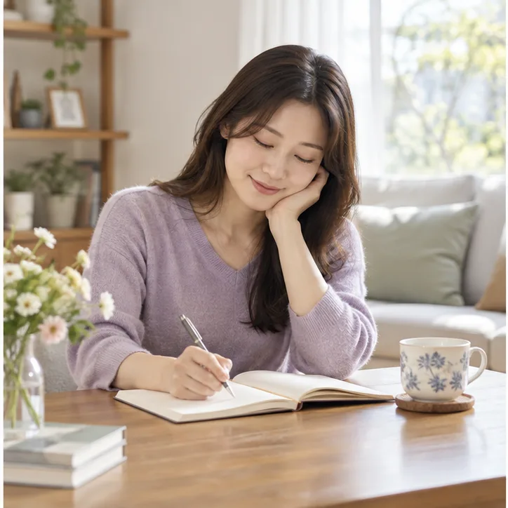집에서 통증 위치와 상황을 차분히 기록하는 성인 여성