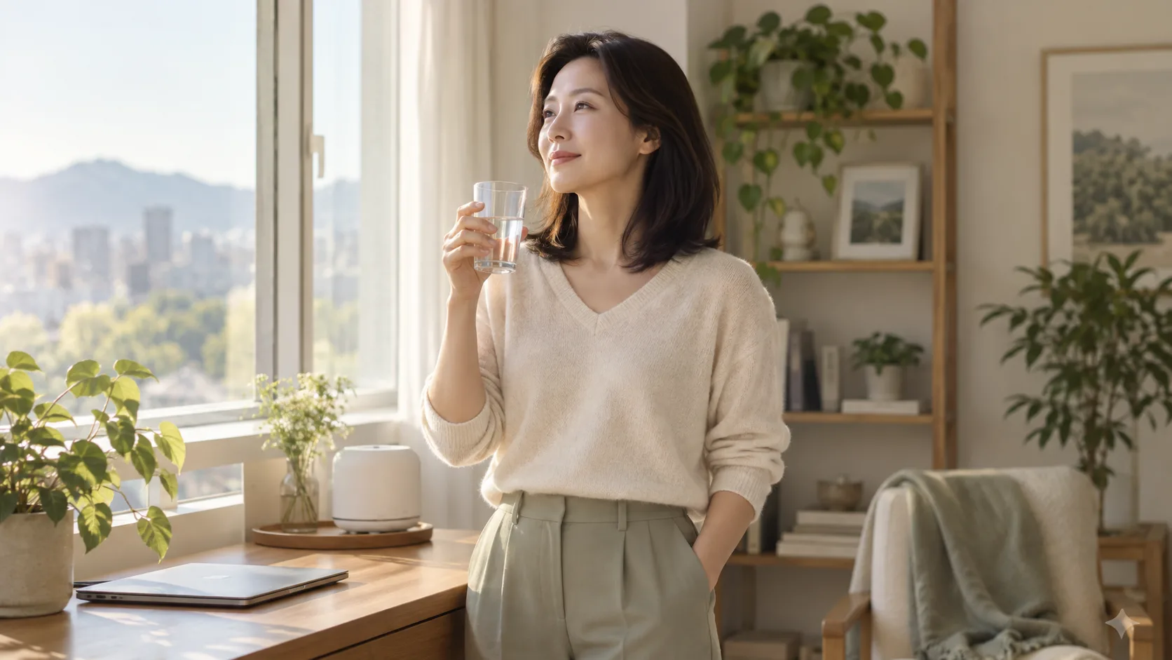 밝은 작업 공간에서 물을 마시며 목소리를 쉬는 성인 여성