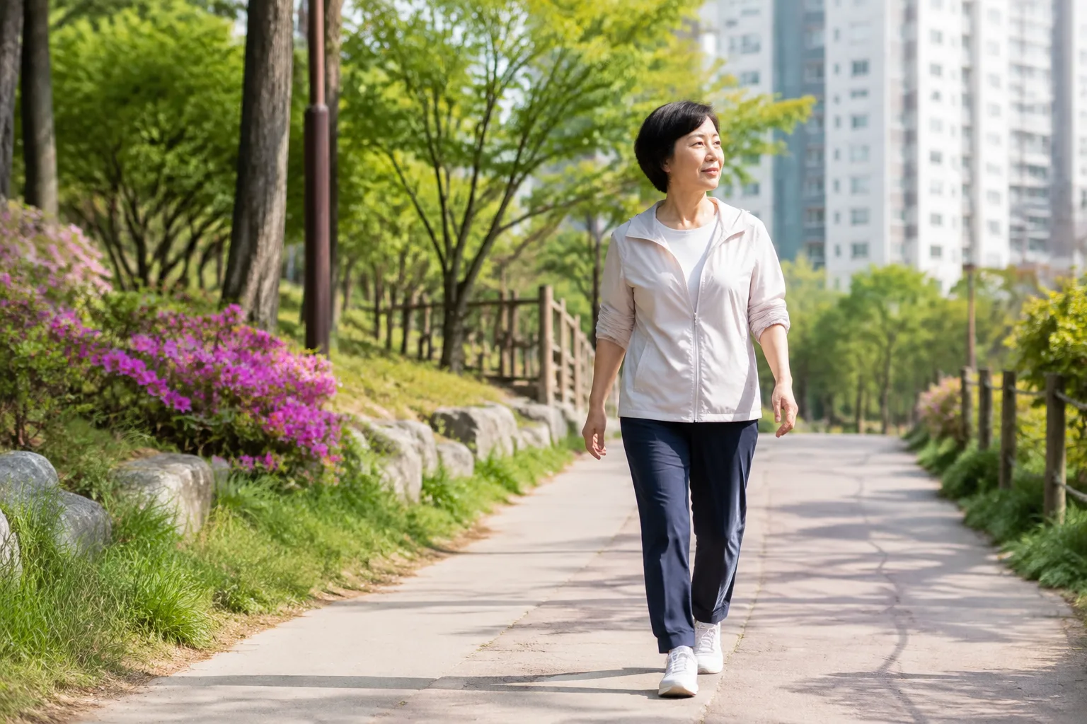 햇빛이 드는 공원 산책로를 걷는 중년 여성