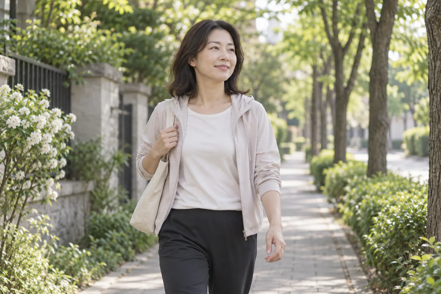 나무가 있는 동네 길을 편안한 속도로 걷는 성인 여성의 모습
