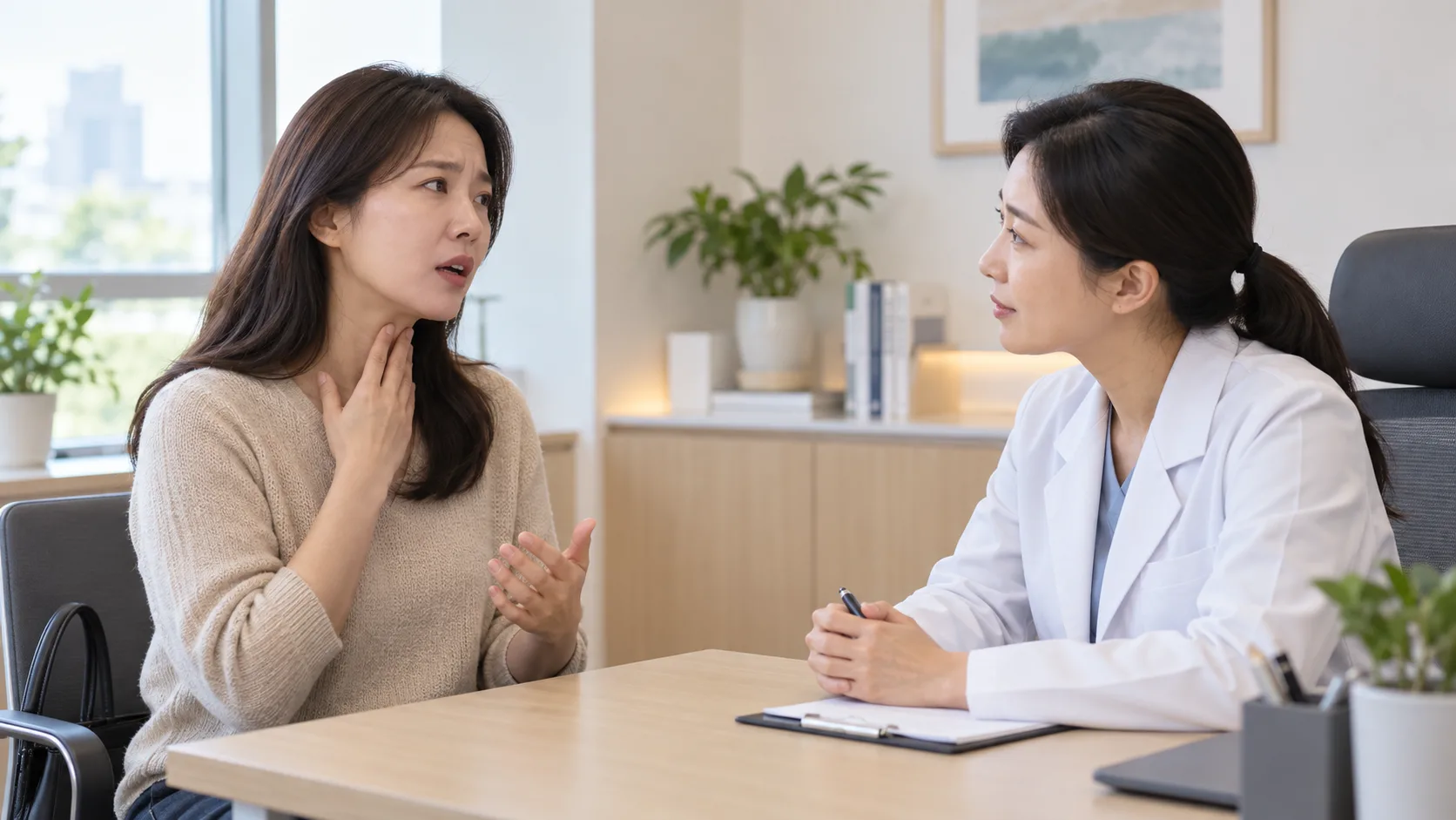 목 불편을 설명하며 현대적인 진료실에서 의료진과 상담하는 성인 여성