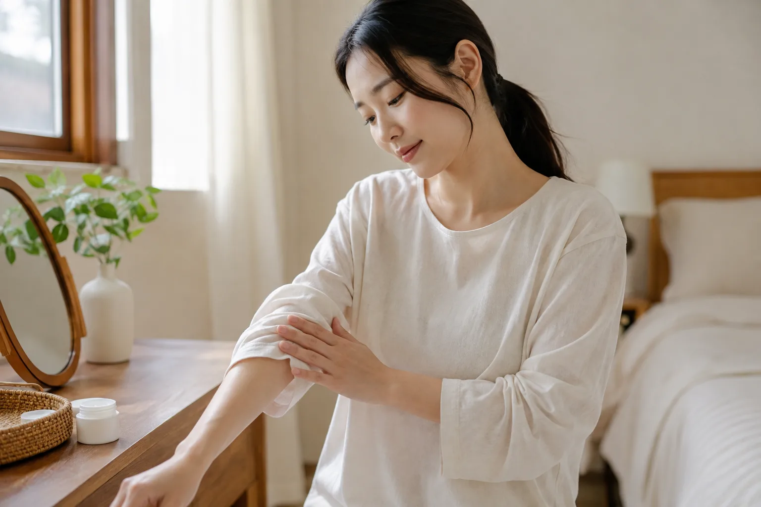 부드럽고 넉넉한 면 소매를 고르며 피부 마찰을 줄이는 30대 여성
