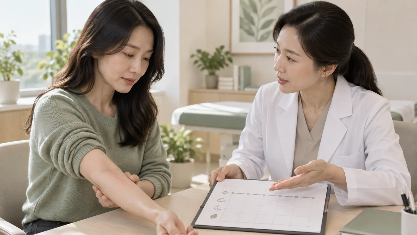 진료실에서 성인 여성이 팔의 선 모양 피부 반응을 여성 의료진에게 보여 주는 모습