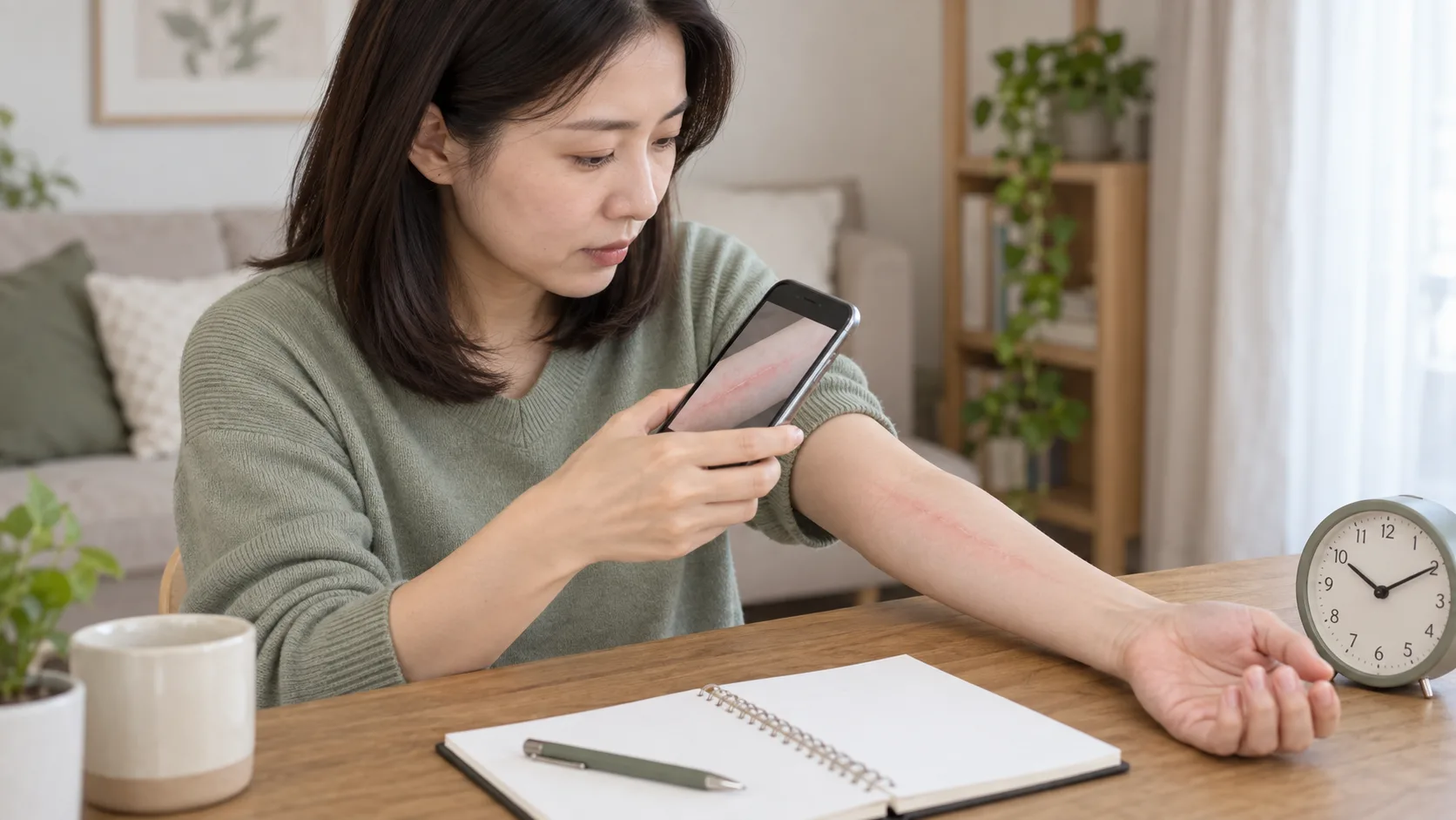 성인 여성이 팔의 선 모양 피부 반응을 휴대전화로 촬영하며 시간을 기록하는 모습