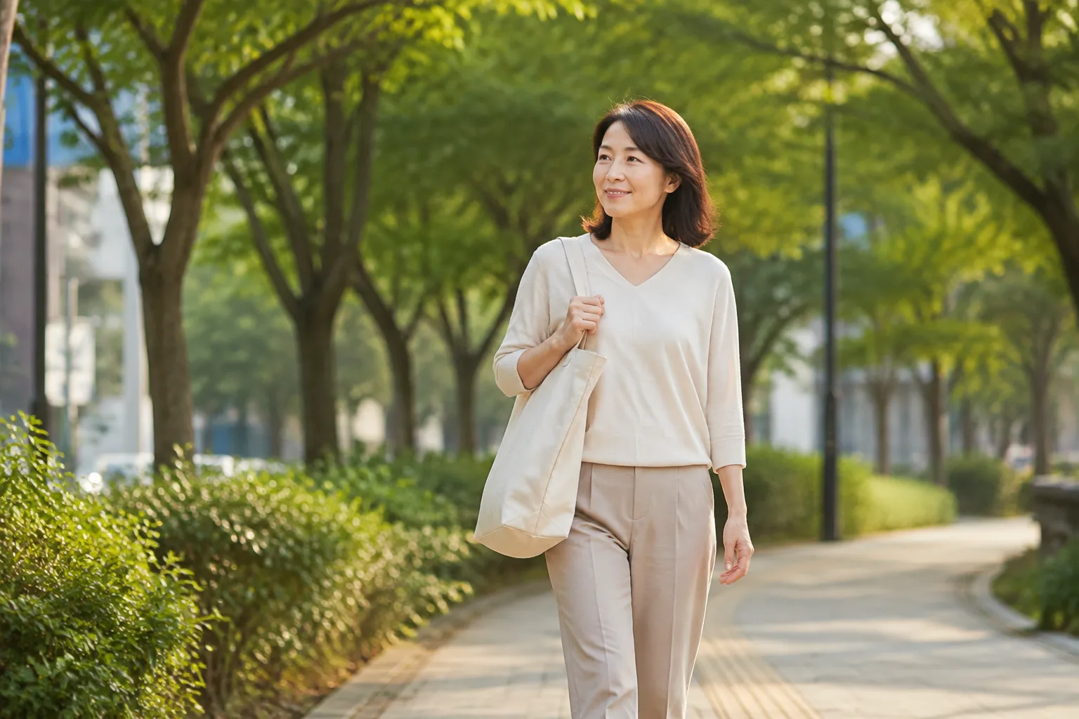편안한 옷차림으로 공원을 걸으며 몸 상태를 살피는 40대 여성