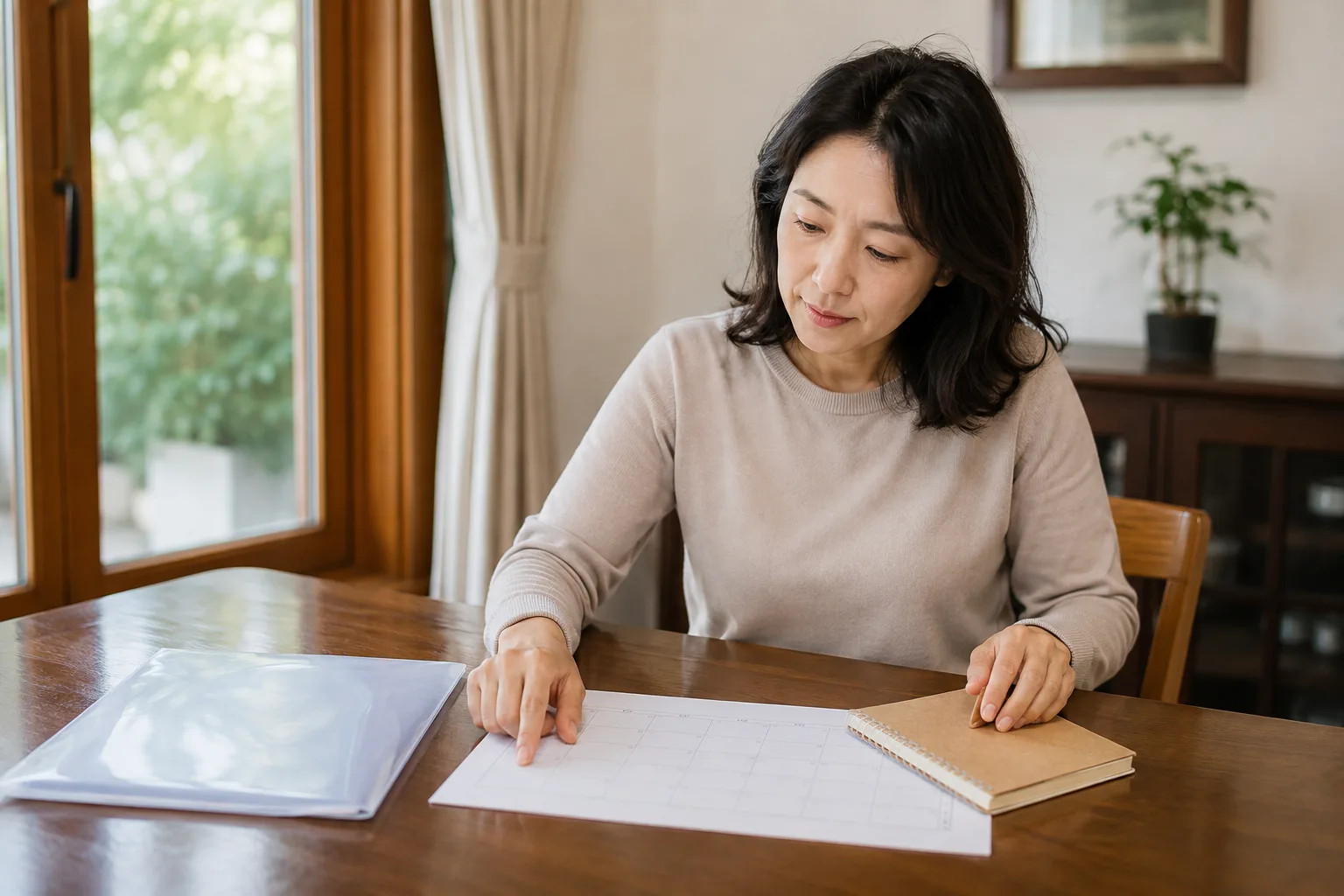 달력과 공책에 월경 양상과 불편한 증상을 기록하는 40대 여성