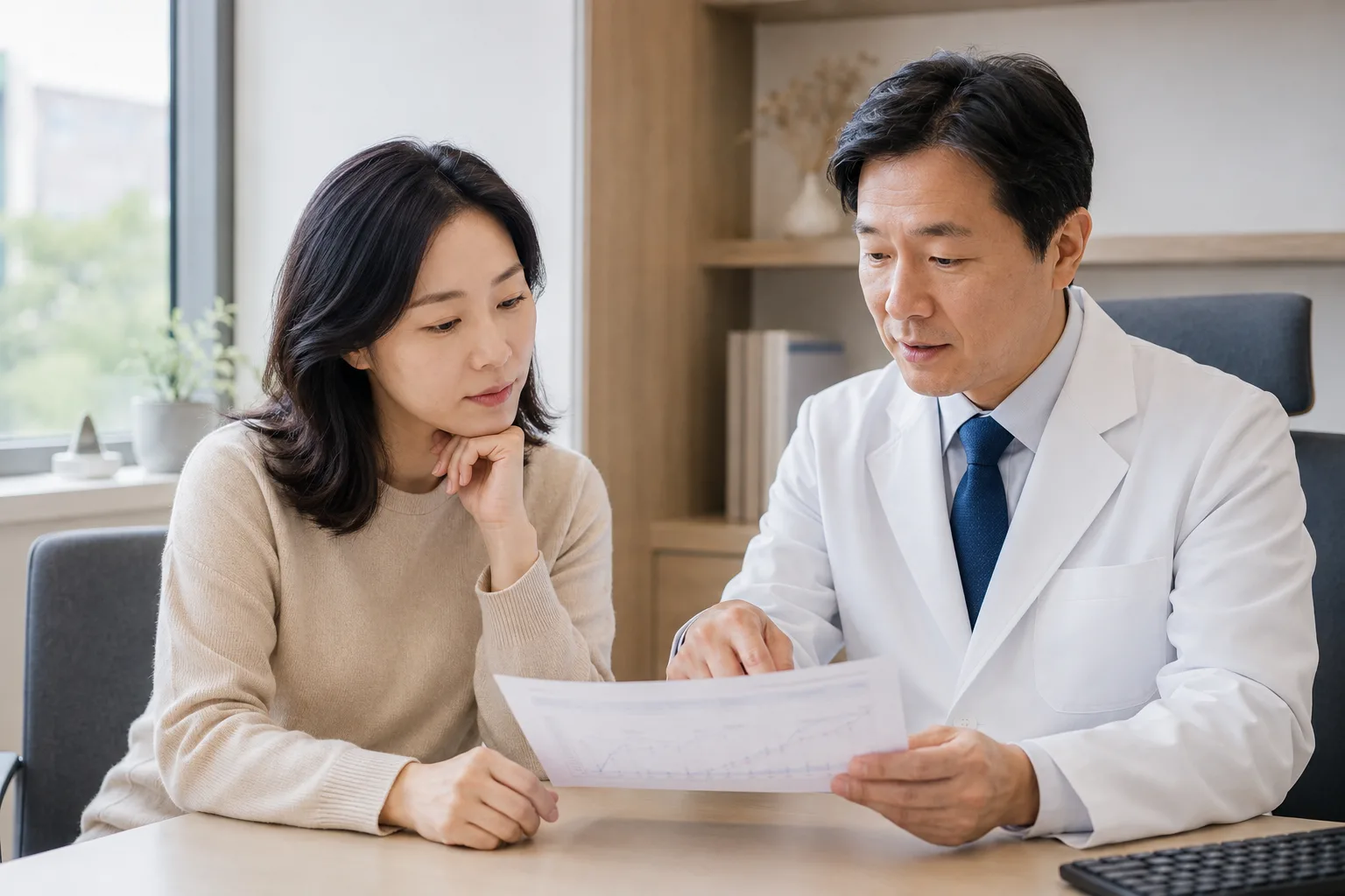 갑상선 검사 추이를 흰 가운 의료진과 함께 살펴보는 40대 여성