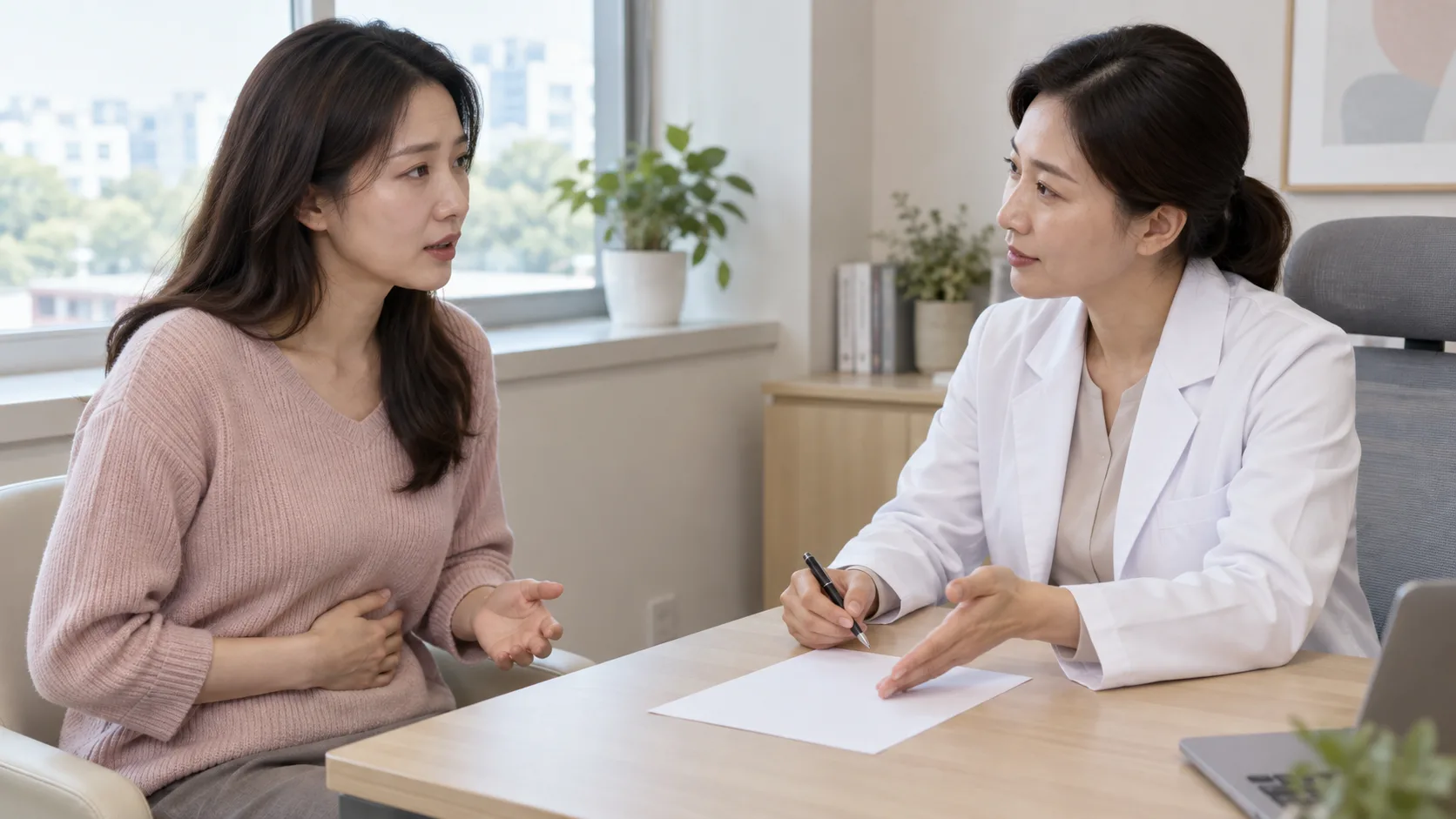 생리양 변화에 관해 진료실에서 의료진과 상담하는 성인 여성