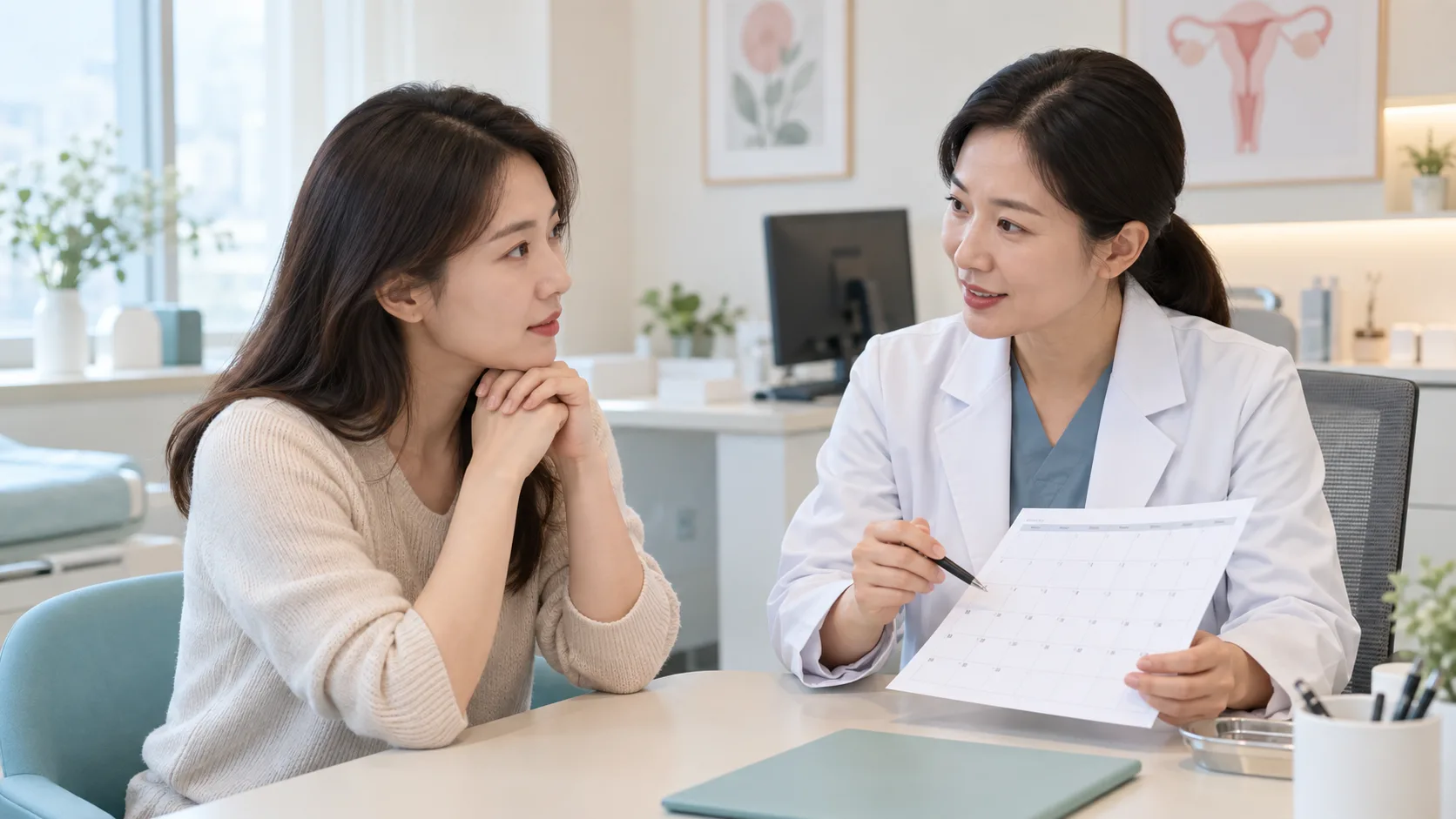 달력 형태의 기록지를 함께 보며 무월경 원인과 검사 순서를 상담하는 여성 환자와 의료진