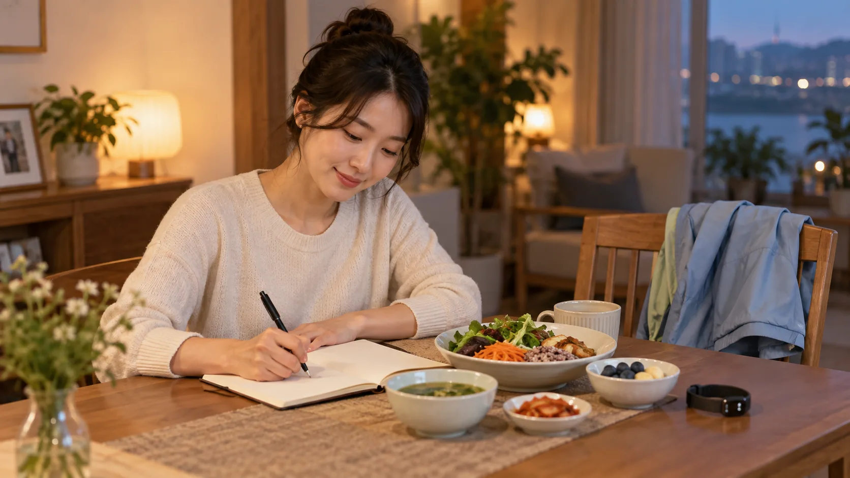 균형 잡힌 식사와 운동복을 곁에 두고 생활 변화를 기록하는 여성