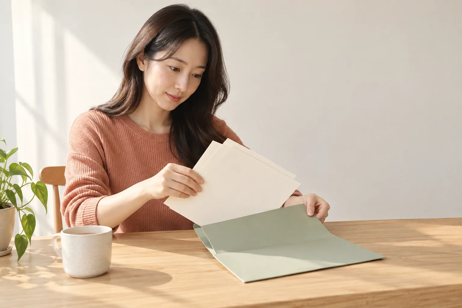 진료 전에 빈 검사 서류를 폴더에 차분히 정리하는 성인 여성