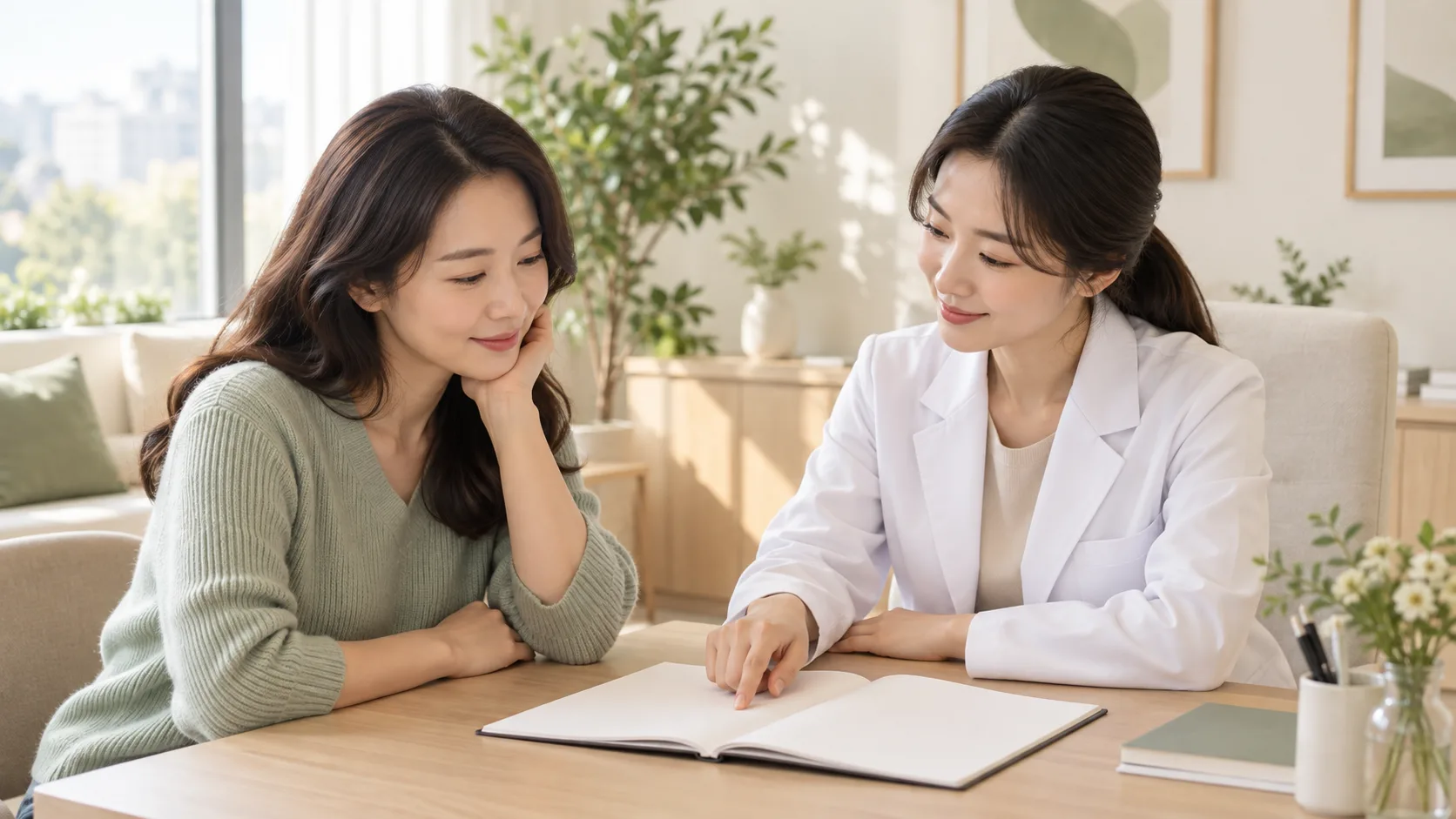 진료실에서 성인 여성과 여성 의료진이 빈 증상 기록표를 함께 확인하는 모습