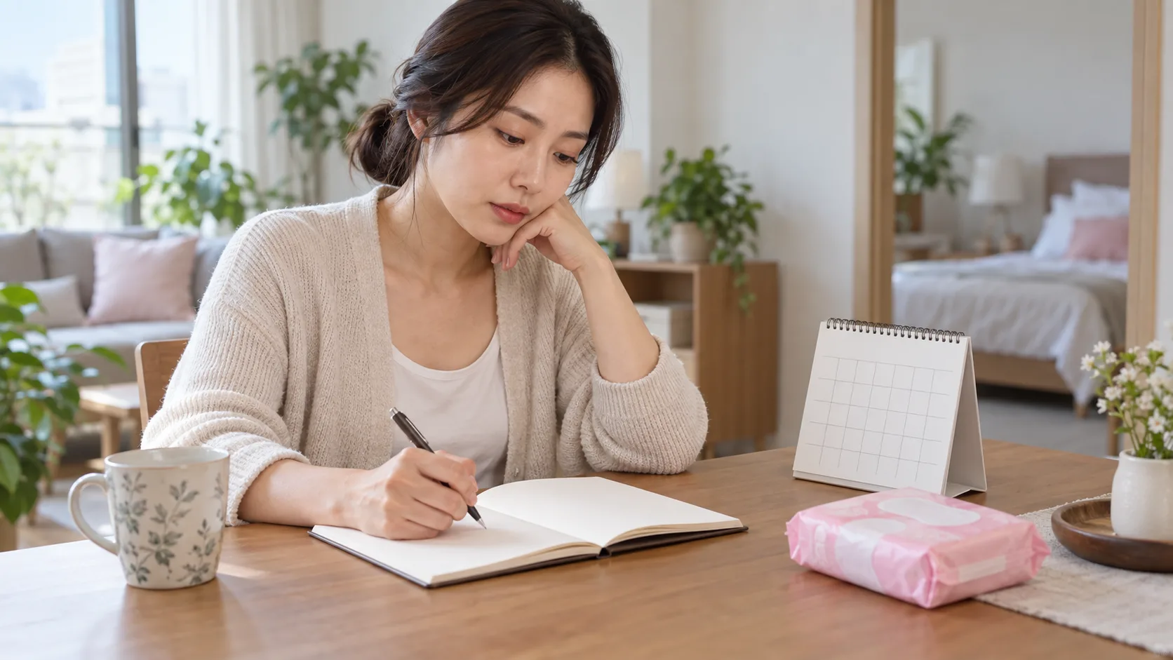 빈 노트에 생리양 변화를 기록하는 성인 여성