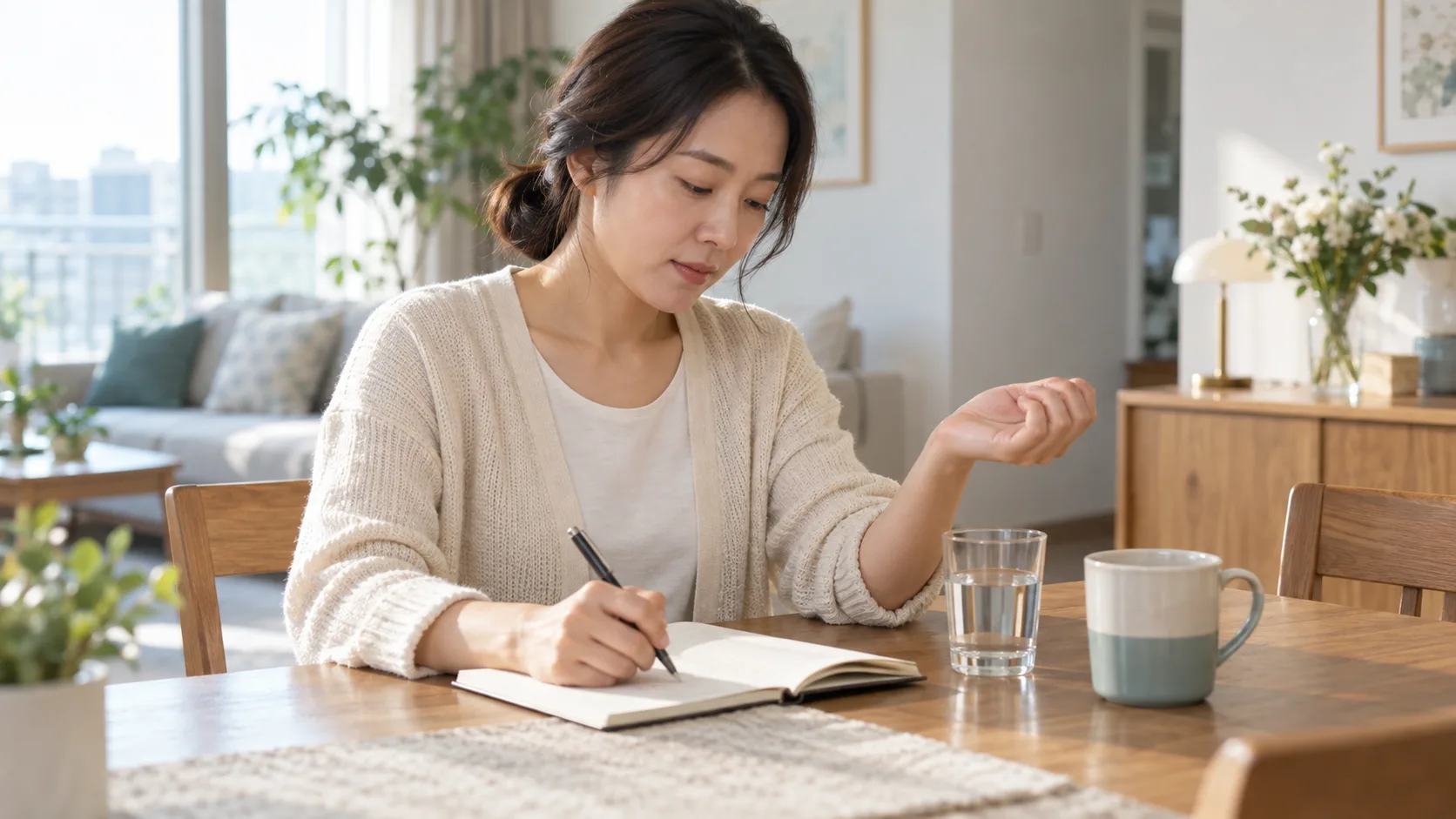 집에서 손목 맥박을 확인하며 두근거림 시간표를 적는 40대 여성