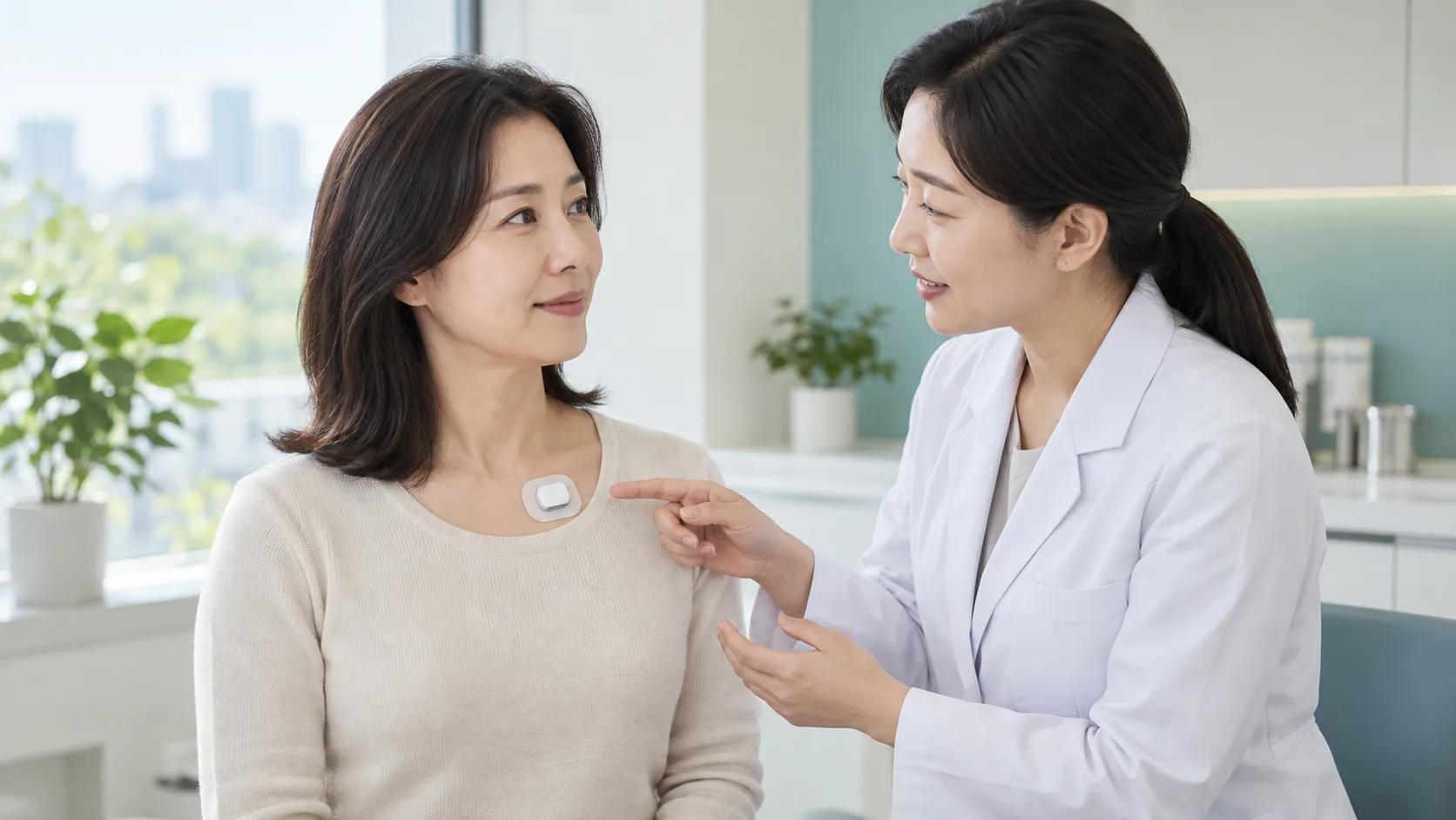 밝은 진료실에서 부착형 심전도 기록 장치를 설명받는 40대 여성