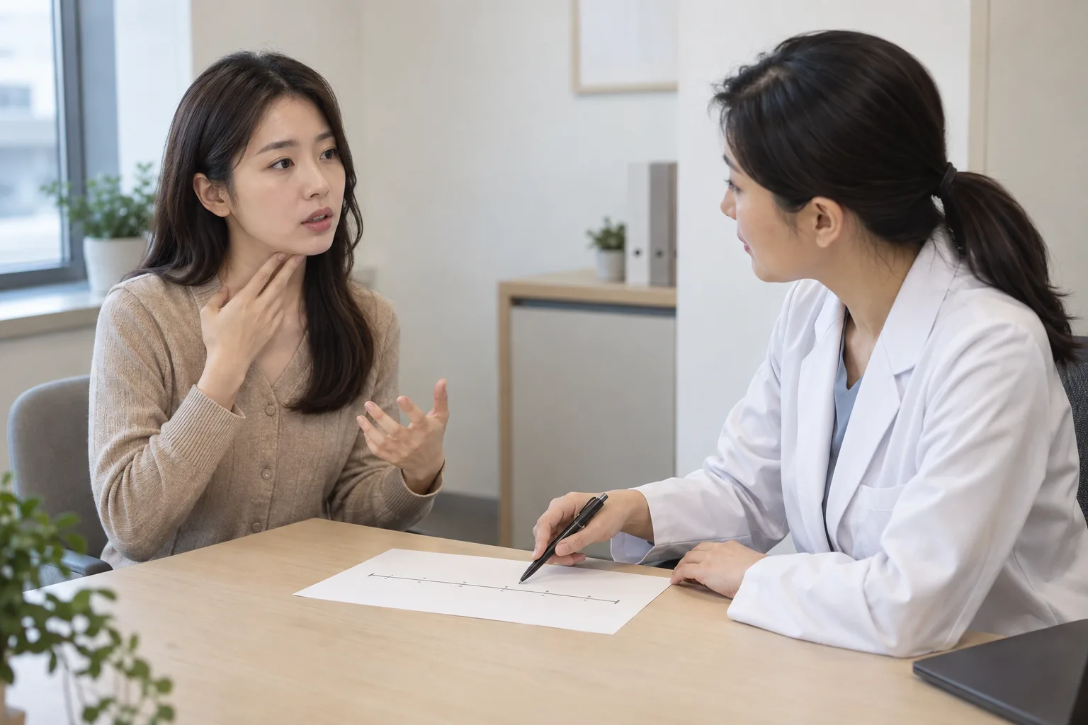 진료실에서 목 통증의 시간 패턴을 설명하는 성인 여성