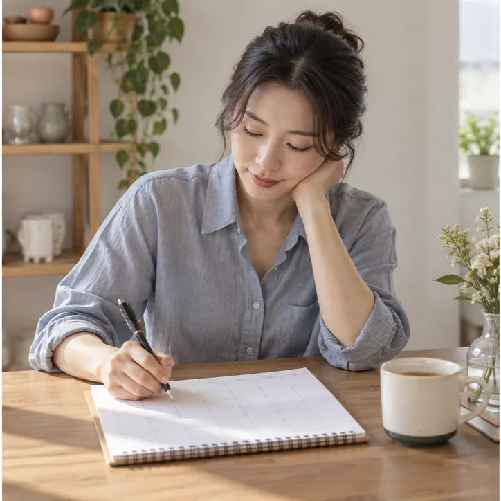 여성이 글자가 없는 달력에 생리 전 몸과 기분의 변화를 적는 모습