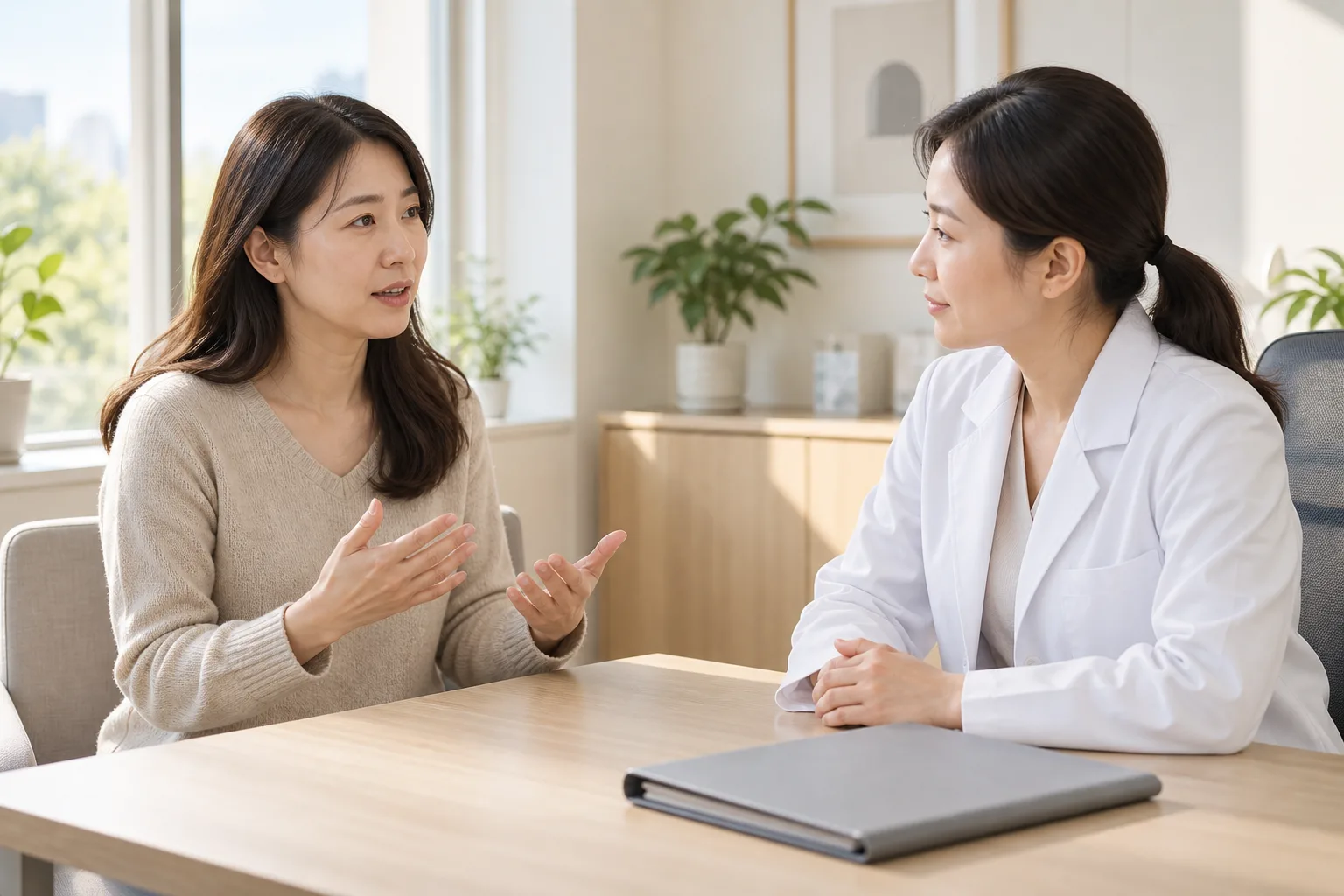 생리 전 열감과 수면 방해를 의료진에게 설명하는 성인 여성