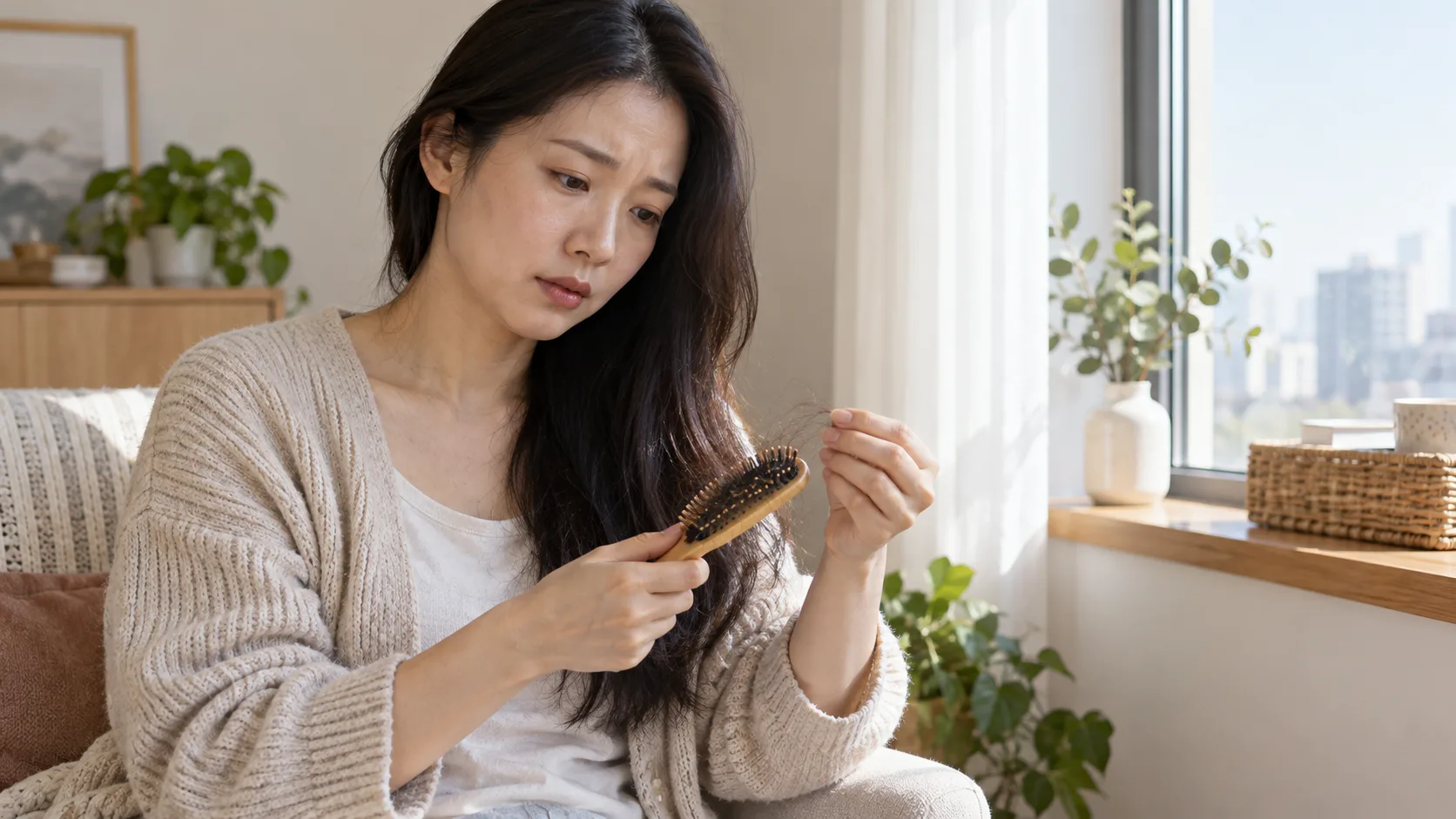 집에서 빗에 남은 머리카락을 살펴보는 성인 여성