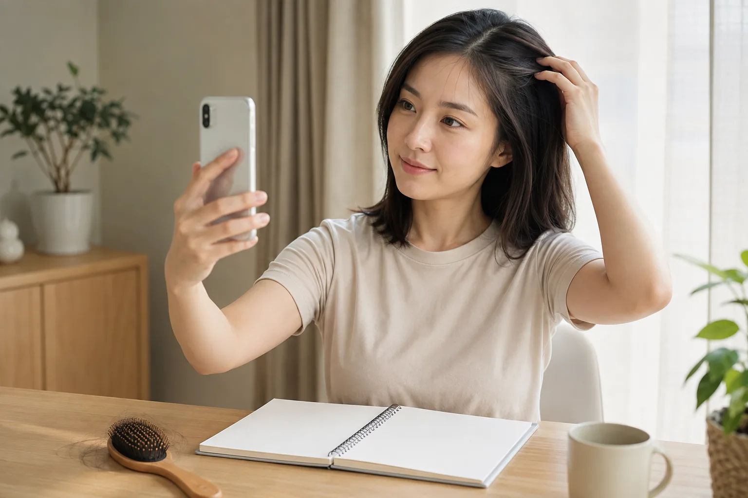 같은 조건에서 산후 모발 변화를 휴대전화와 공책으로 기록하는 30대 여성