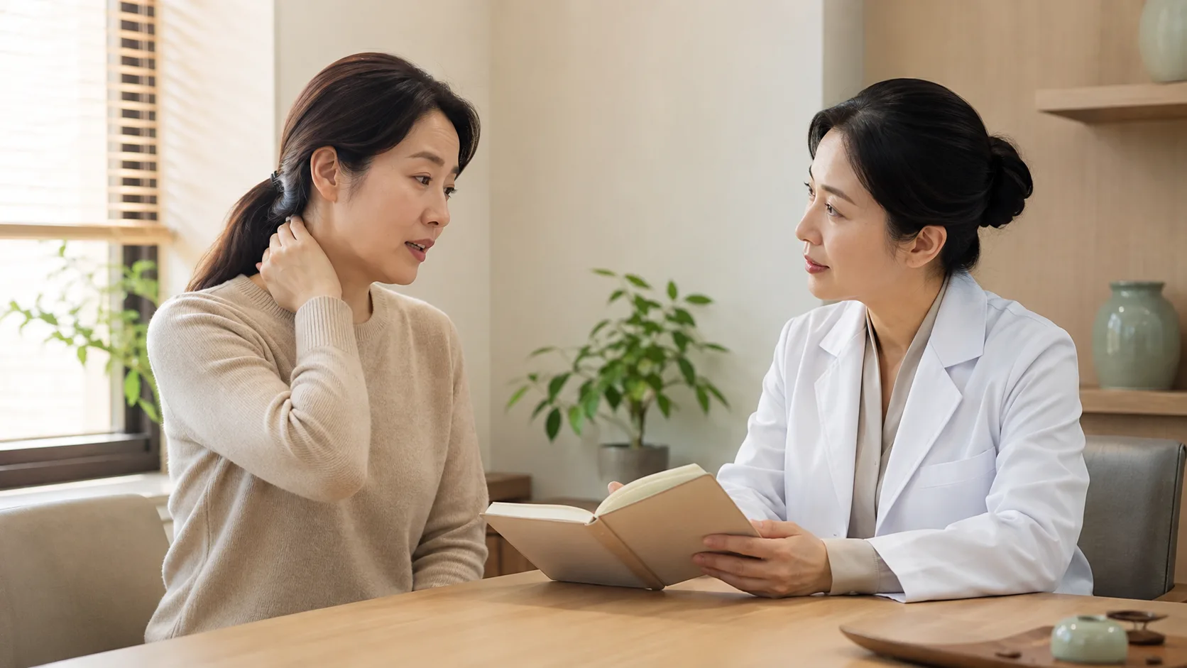 현대적인 진료실에서 목 뒤 불편을 설명하며 여성 의료진과 상담하는 30대 후반 한국인 여성